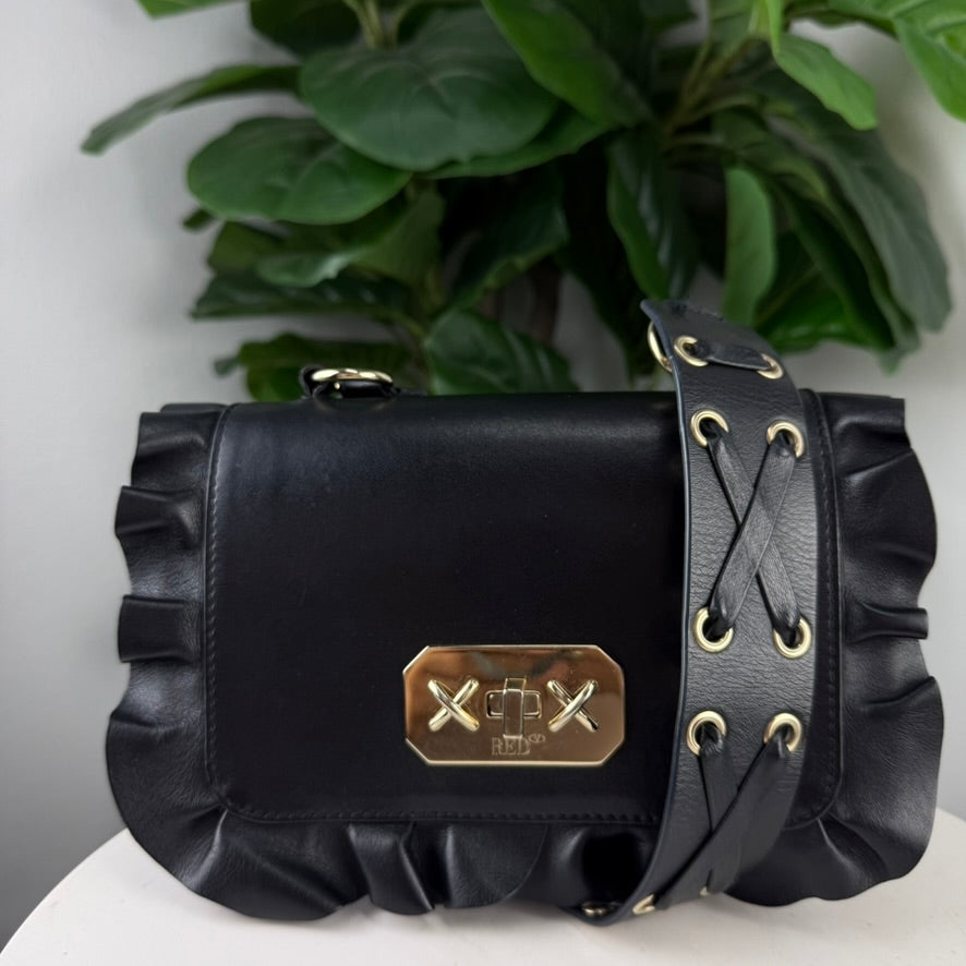 Authentic RED Valentino Black Leather Ruffle Edge Flap Crossbody Bag - front