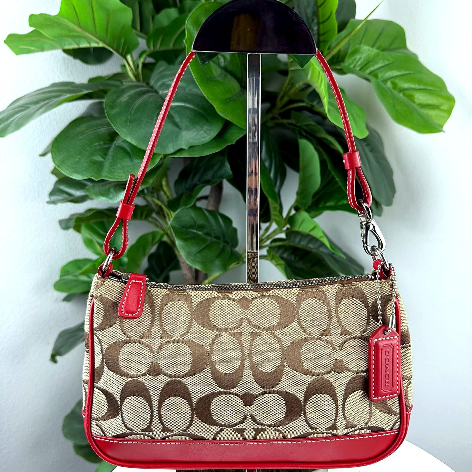 Authentic Coach Tan Signature Canvas Shoulder Bag with Red Leather Trim - front