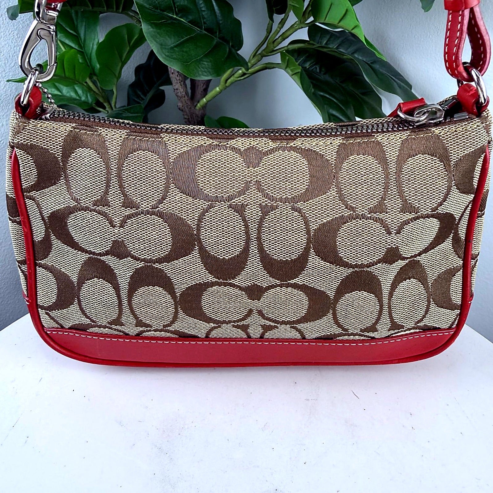 Authentic Coach Tan Signature Canvas Shoulder Bag with Red Leather Trim - back