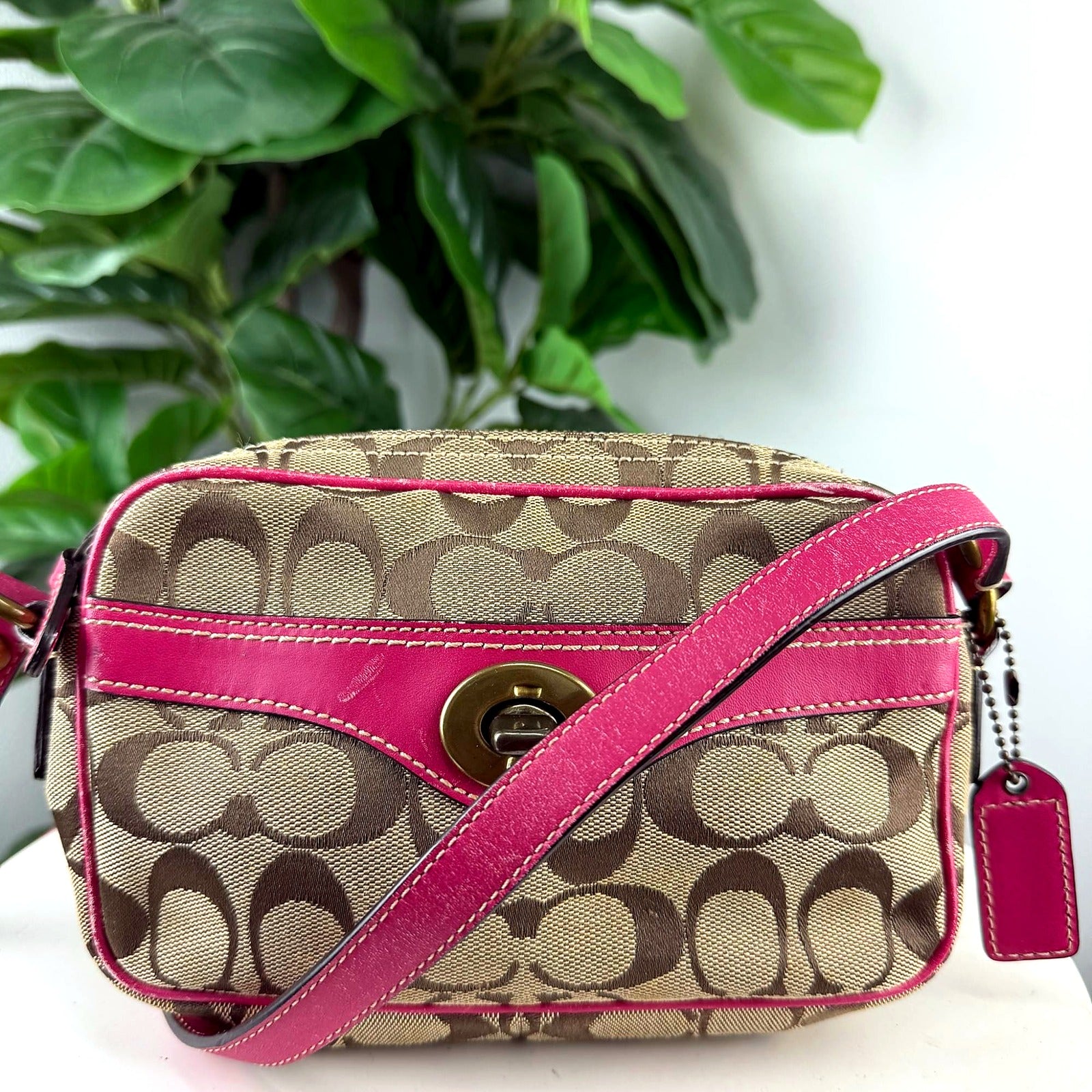 Authentic Coach Tan Signature Canvas Satchel with Pink Leather Trim - front view