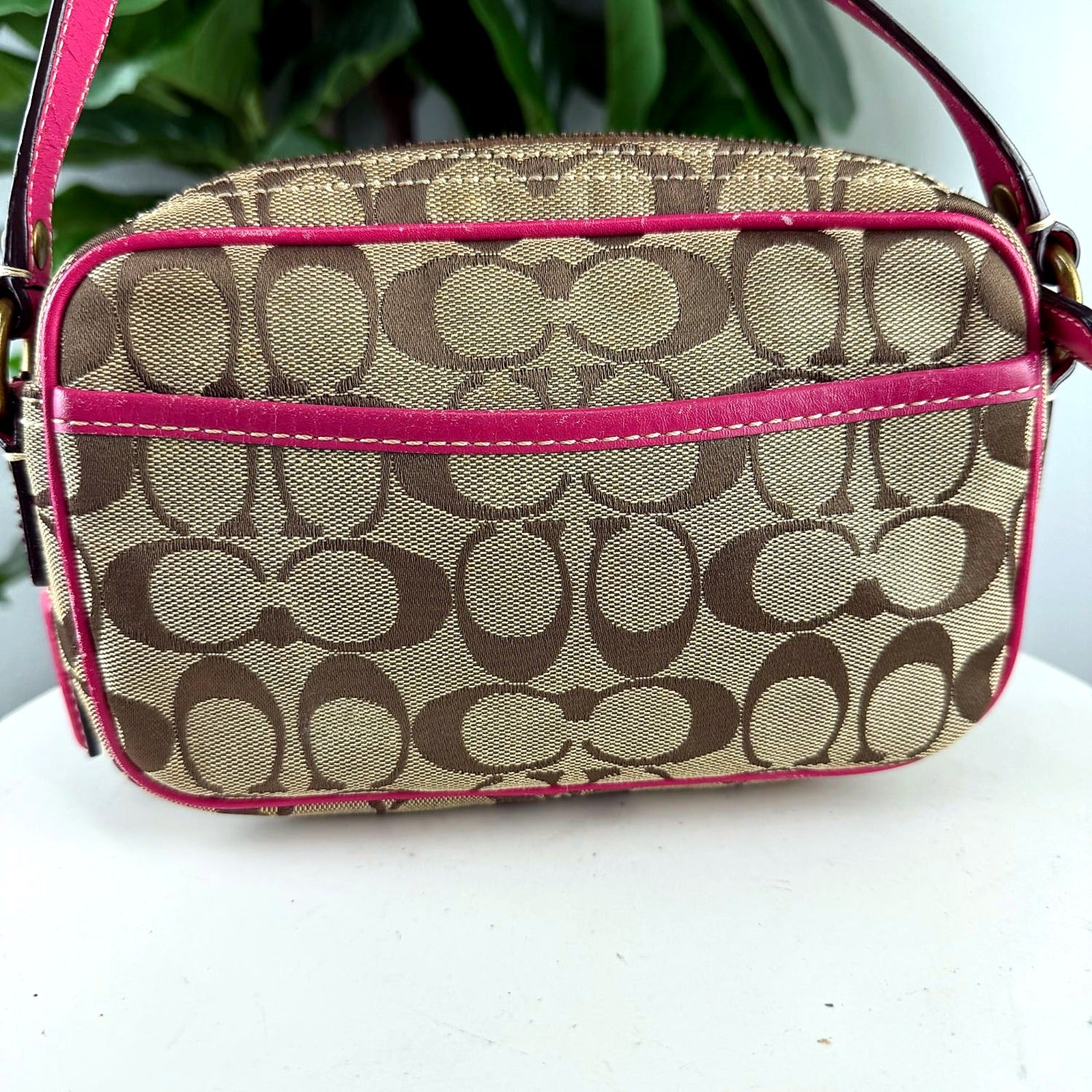 Authentic Coach Tan Signature Canvas Satchel with Pink Leather Trim - back view