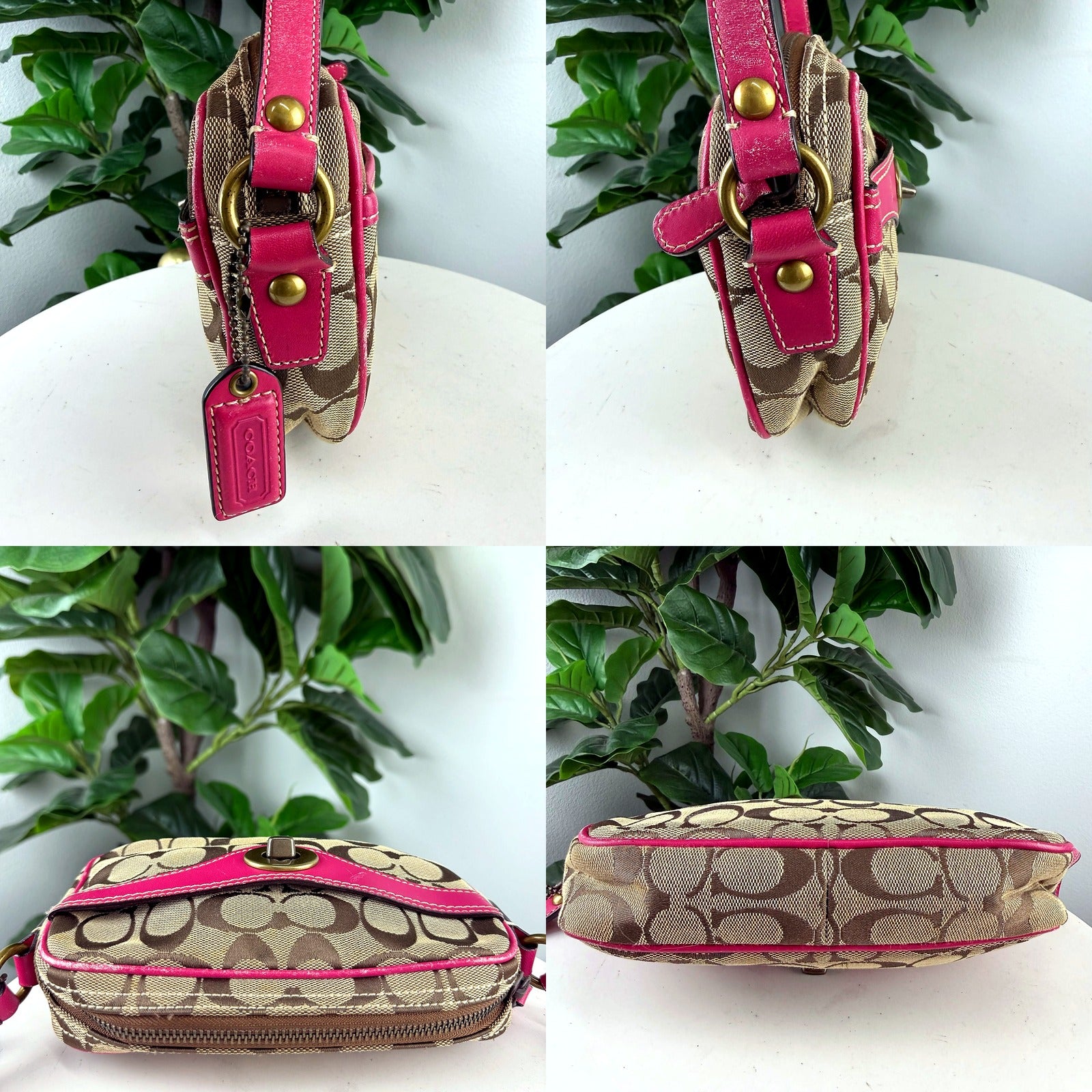 Authentic Coach Tan Signature Canvas Satchel with Pink Leather Trim - detail views