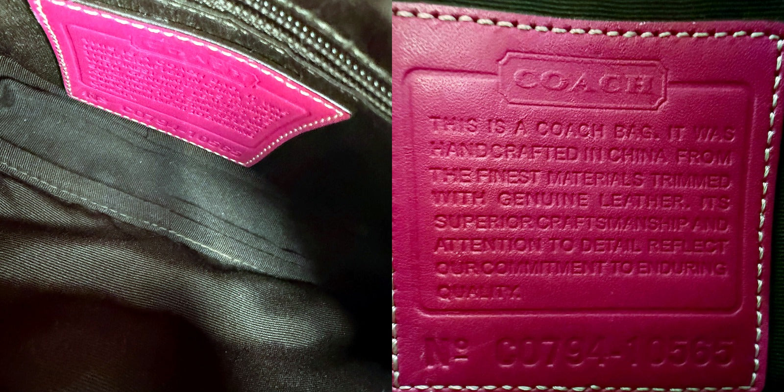Authentic Coach Tan Signature Canvas Satchel with Pink Leather Trim - interior and serial number
