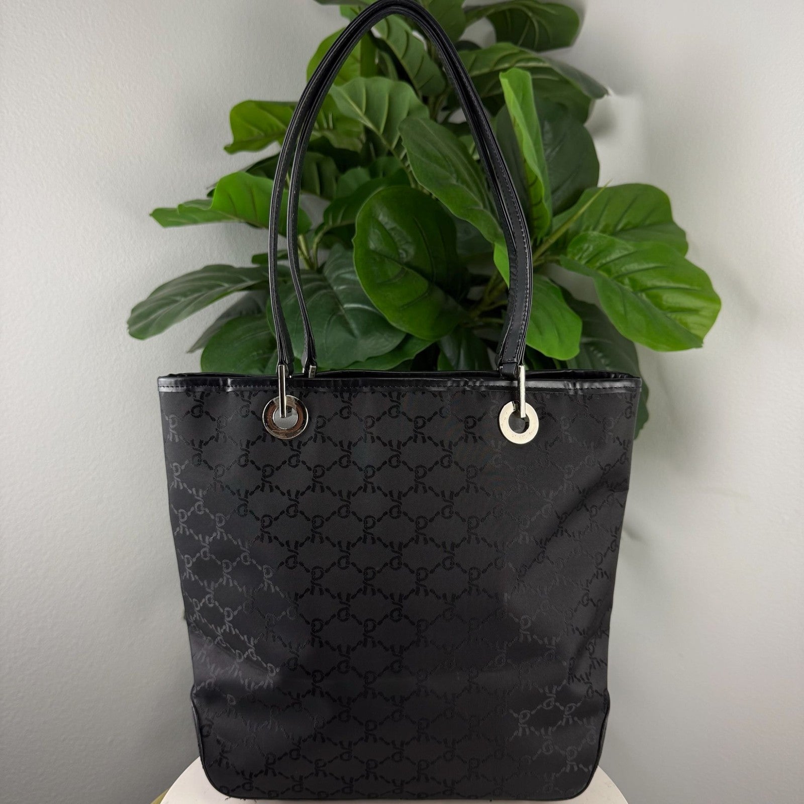 Authentic Vintage Roberta di Camerino Black Jacquard Nylon Tote Bag with Grommet Hardware - front view