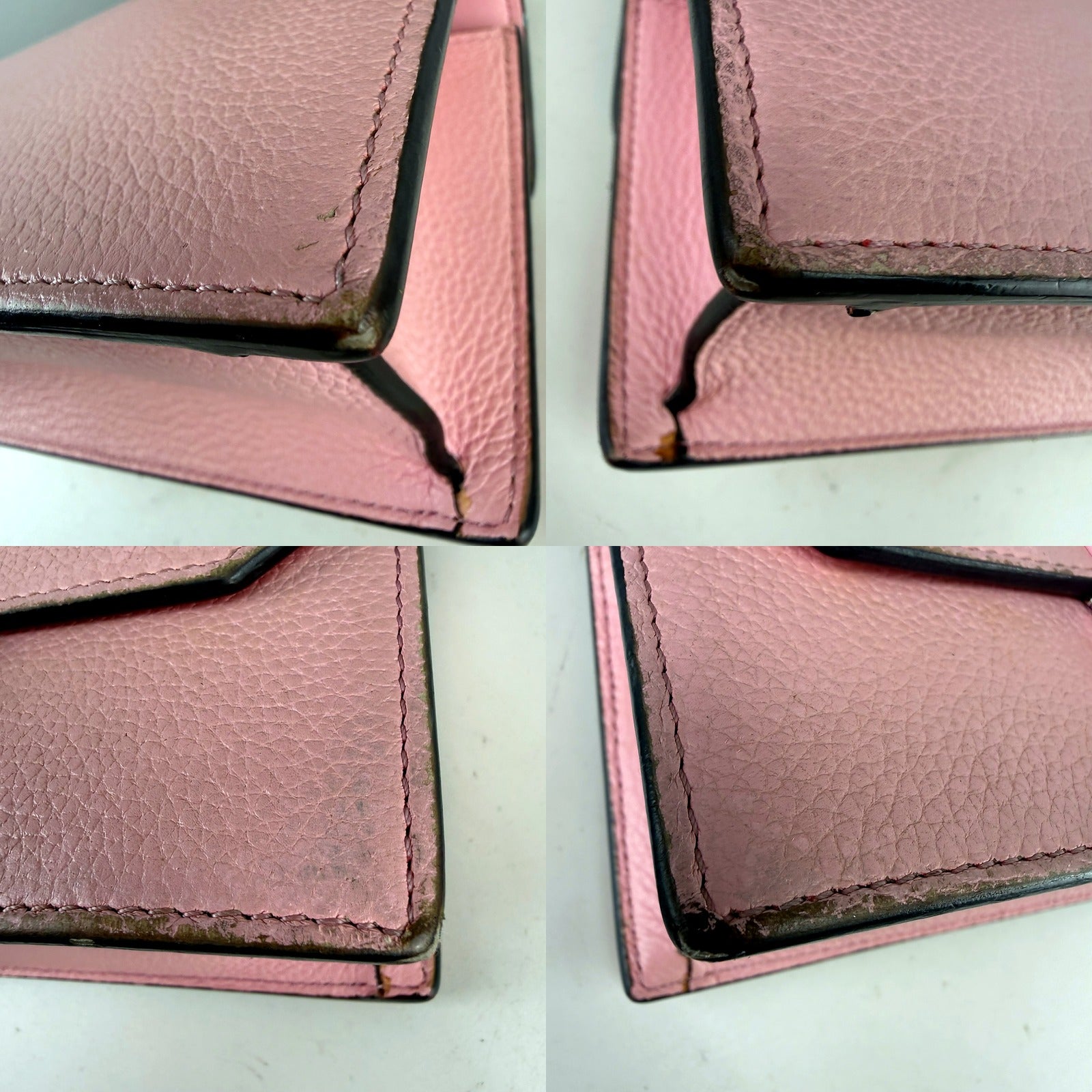 Four corner wear detail macro shots showing edge coating worn through on the pink leather