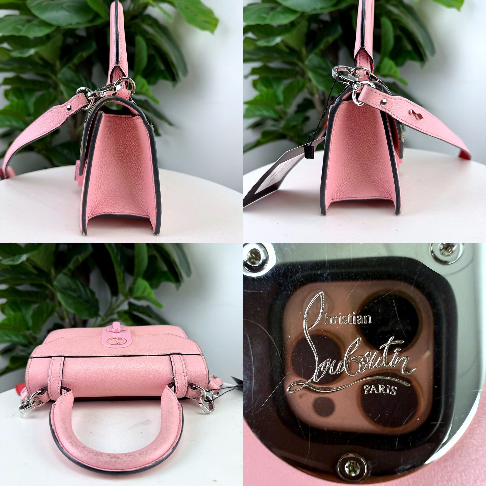 Side profile, hangtag, top view, and Christian Louboutin Paris medallion detail shots