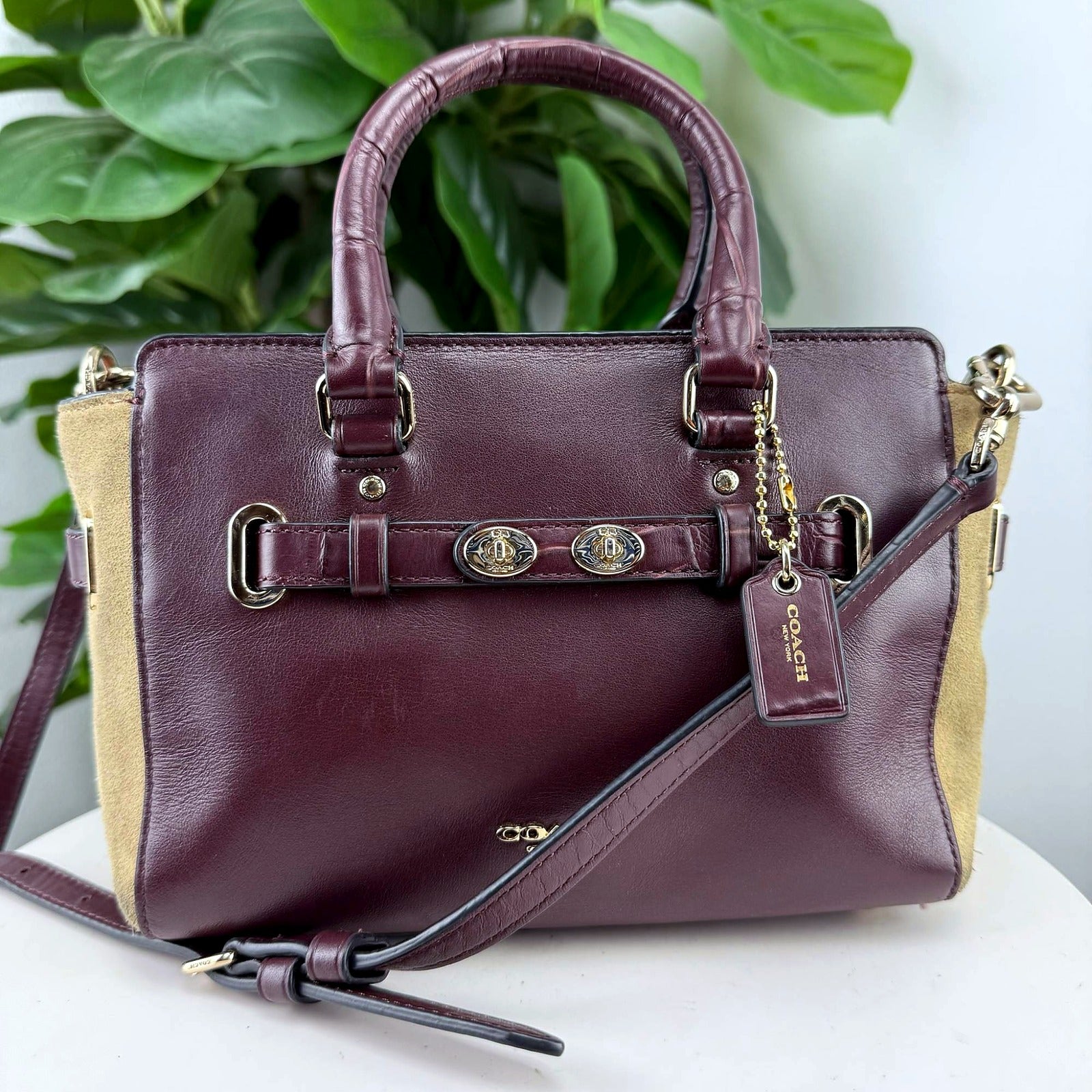 Authentic Coach Burgundy Leather and Tan Suede Turnlock Satchel Bag - front