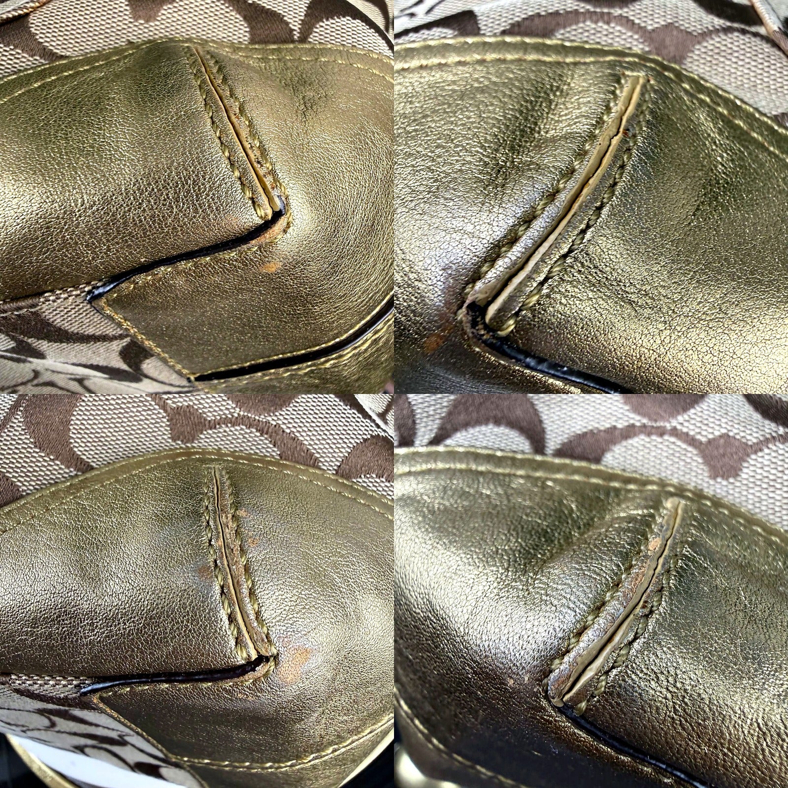 Close-up detail of cracking and splitting on both gold leather handles