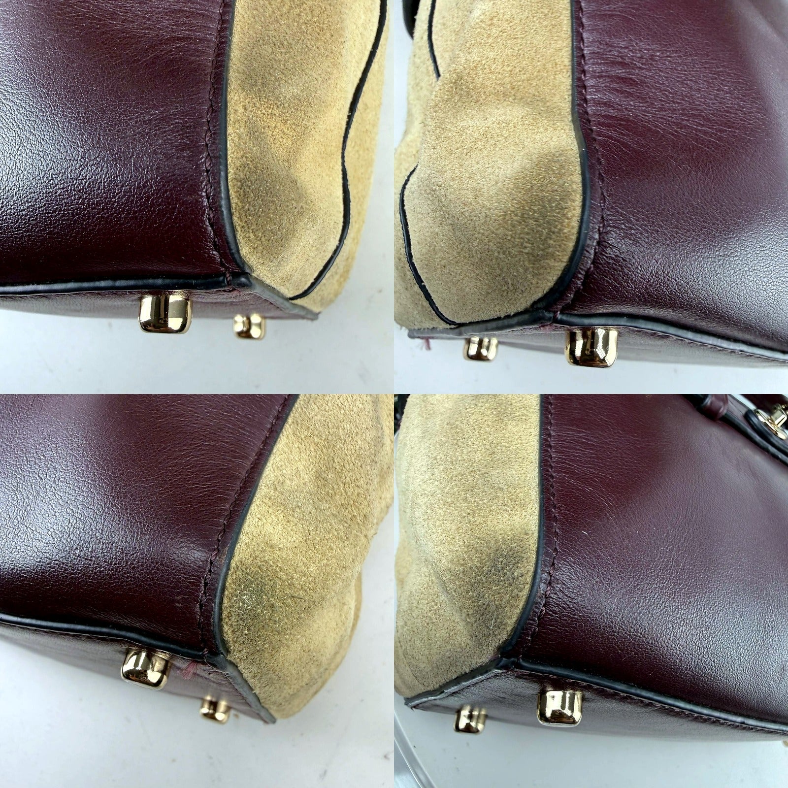 Authentic Coach Burgundy Leather and Tan Suede Turnlock Satchel Bag - detail grid 2