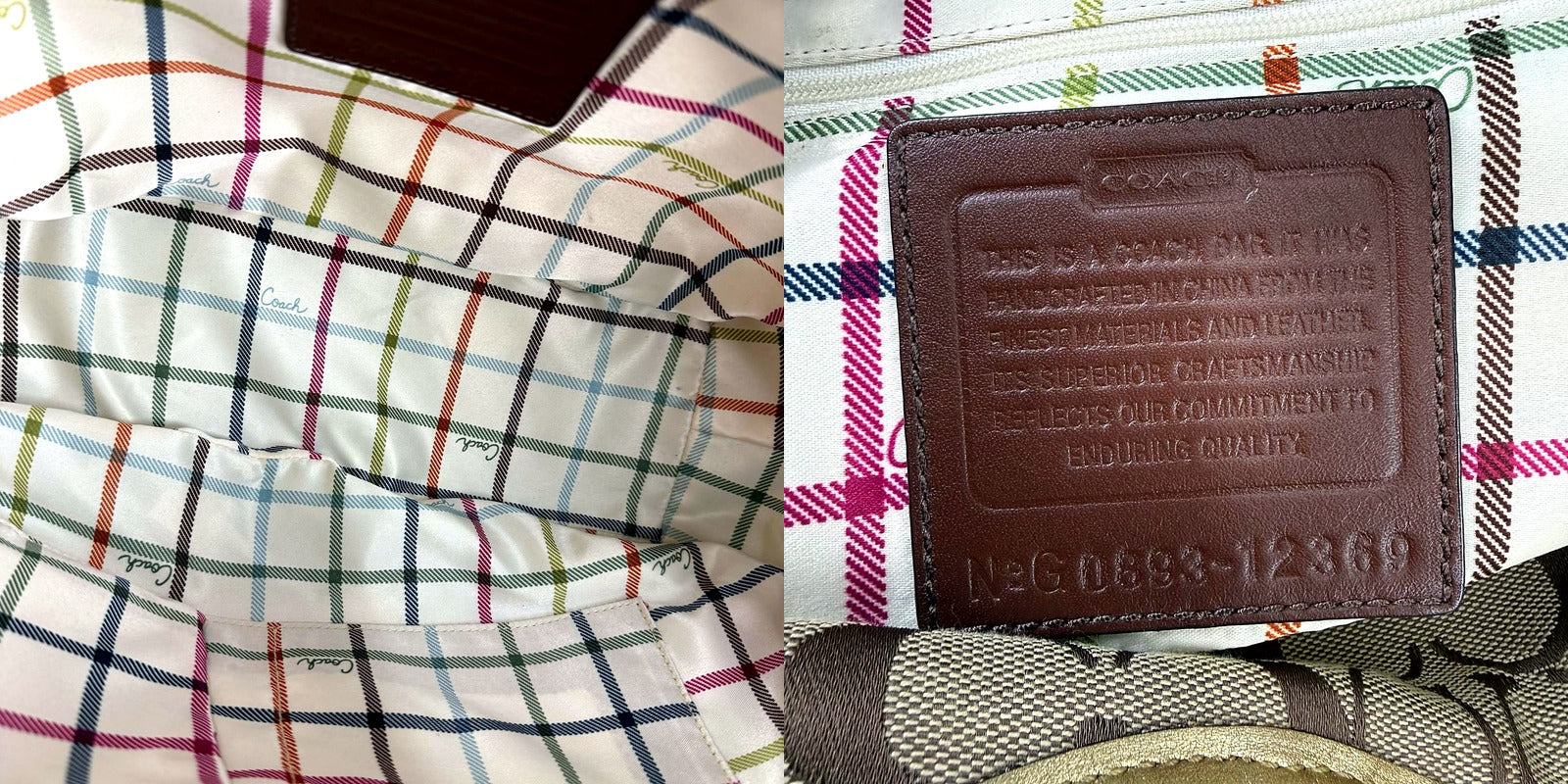 Interior plaid lining and Coach leather patch with serial number N G 0893-12369
