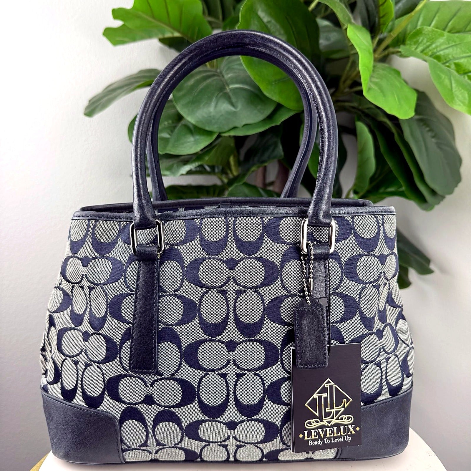 Authentic Coach Gray Signature Jacquard Canvas Tote Bag - front
