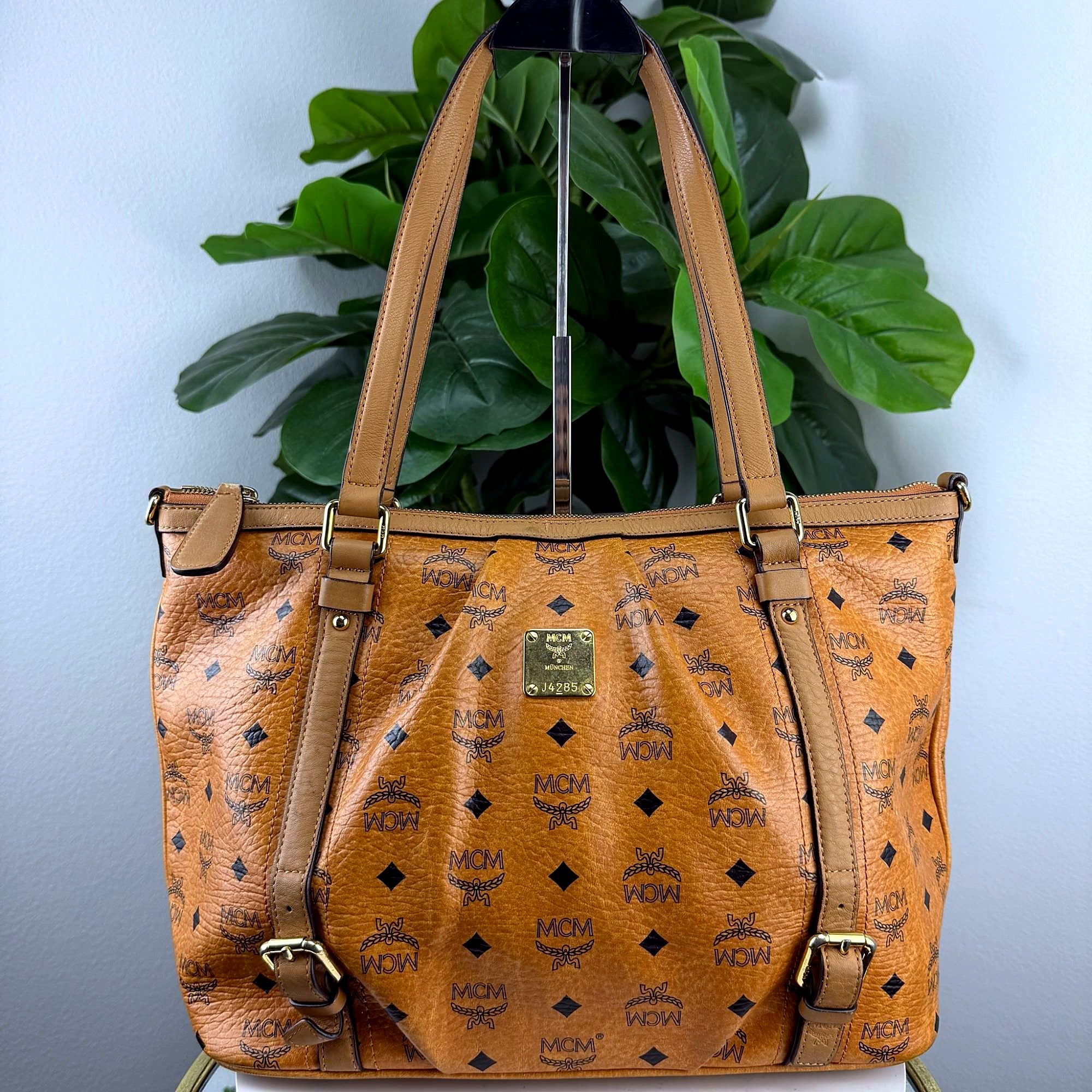 Authentic MCM Cognac Visetos Coated Canvas Tote Bag - front view