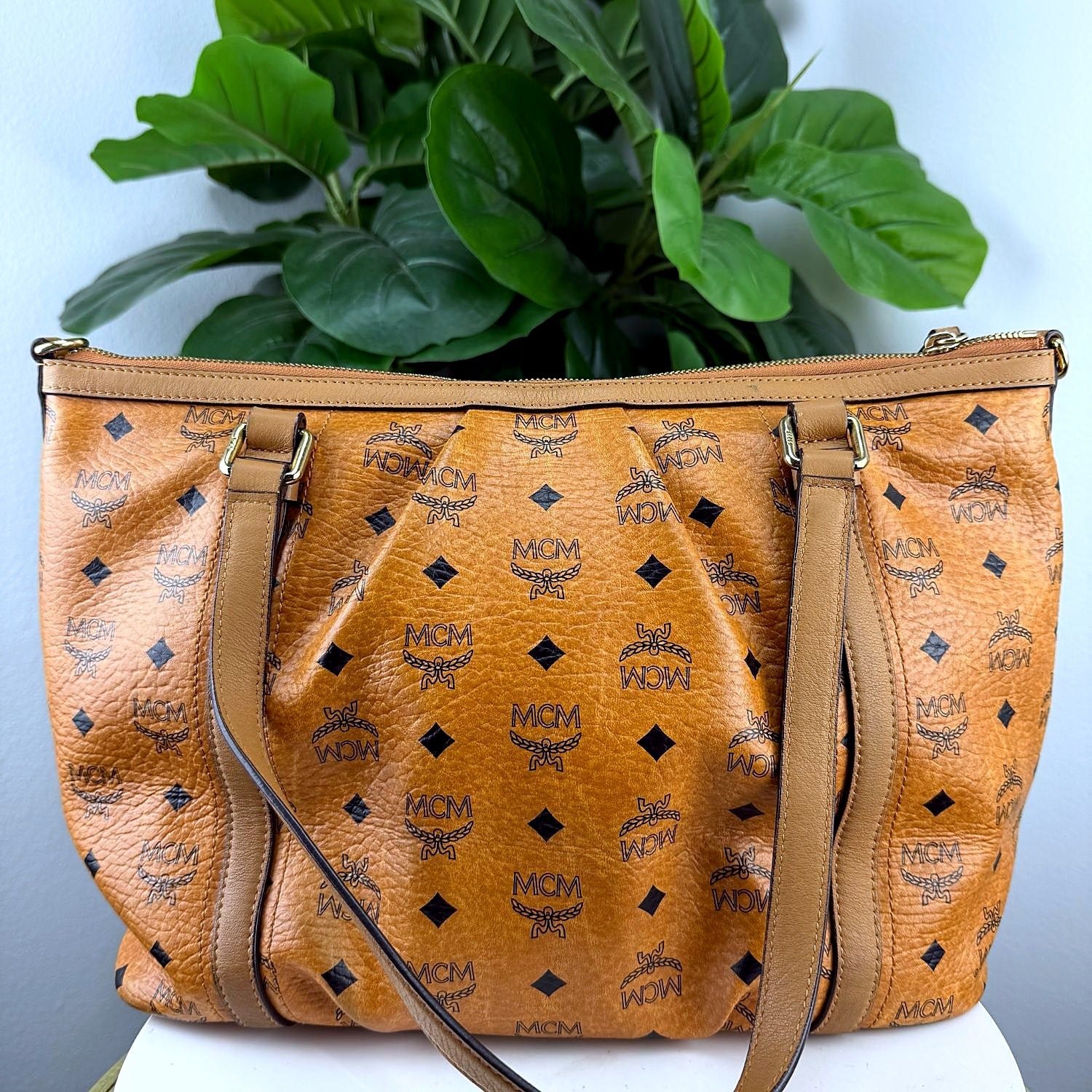 Authentic MCM Cognac Visetos Coated Canvas Tote Bag - back view