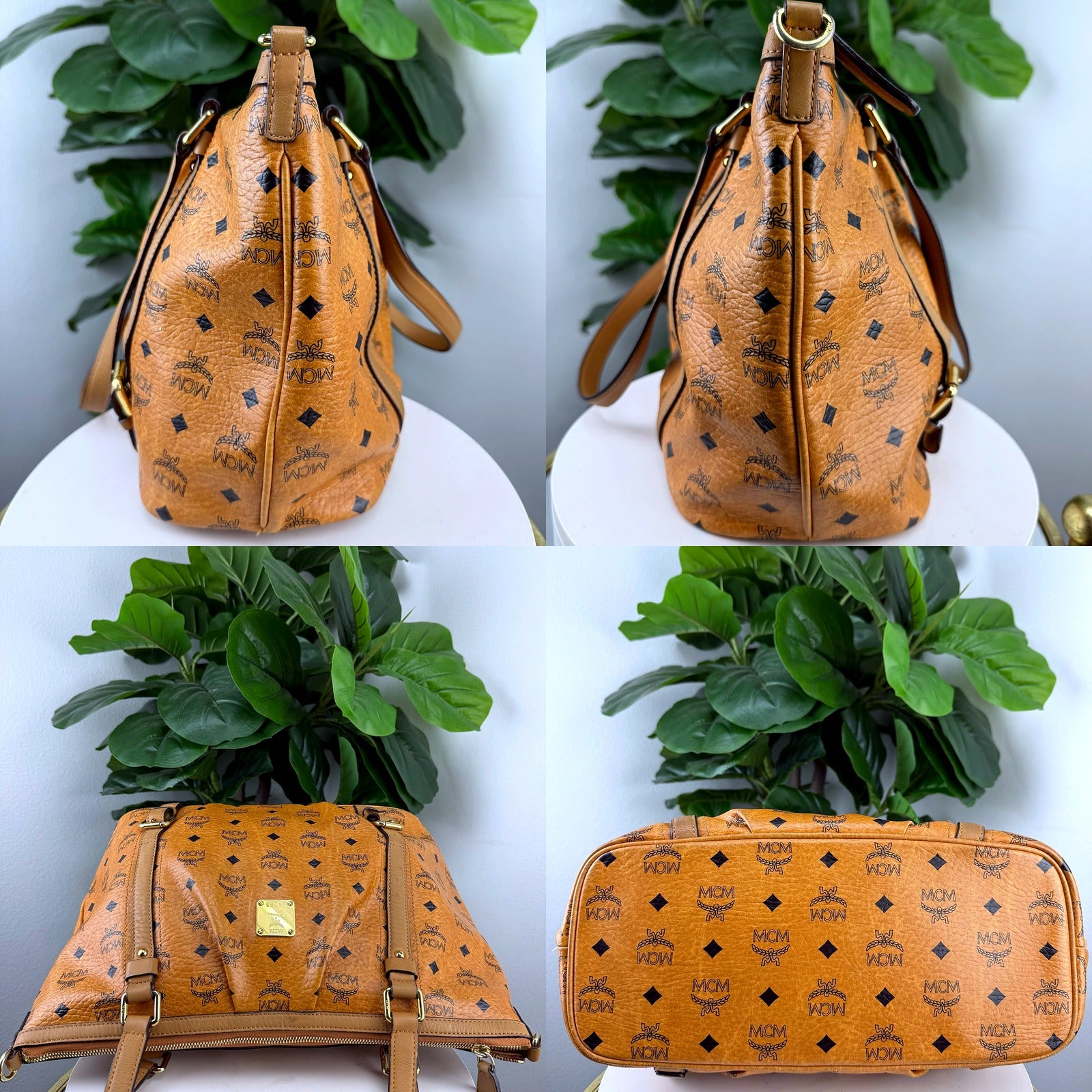 Authentic MCM Cognac Visetos Coated Canvas Tote Bag - sides, top, and bottom detail collage