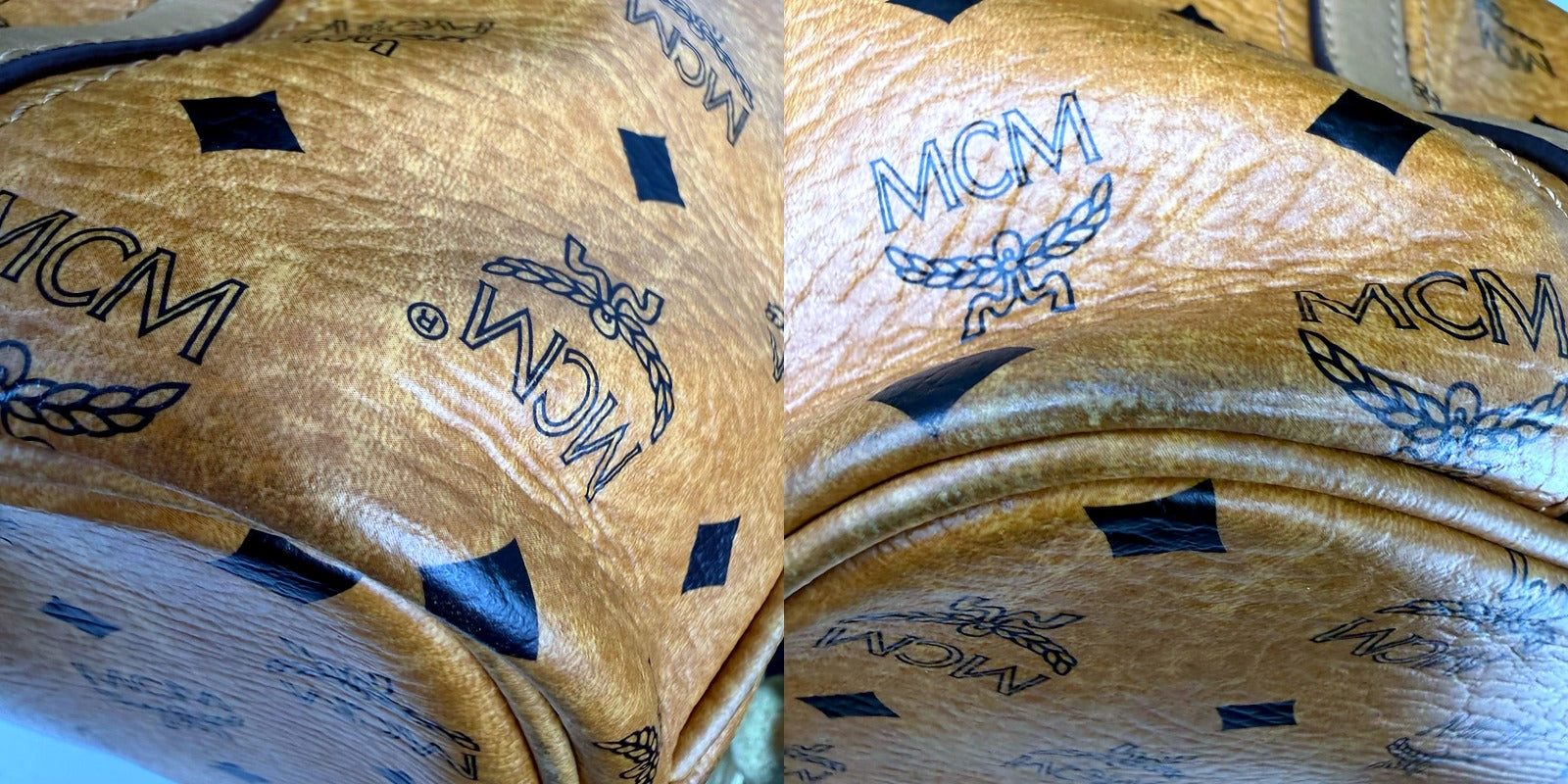 Authentic MCM Cognac Visetos Coated Canvas Tote Bag - canvas texture close-up