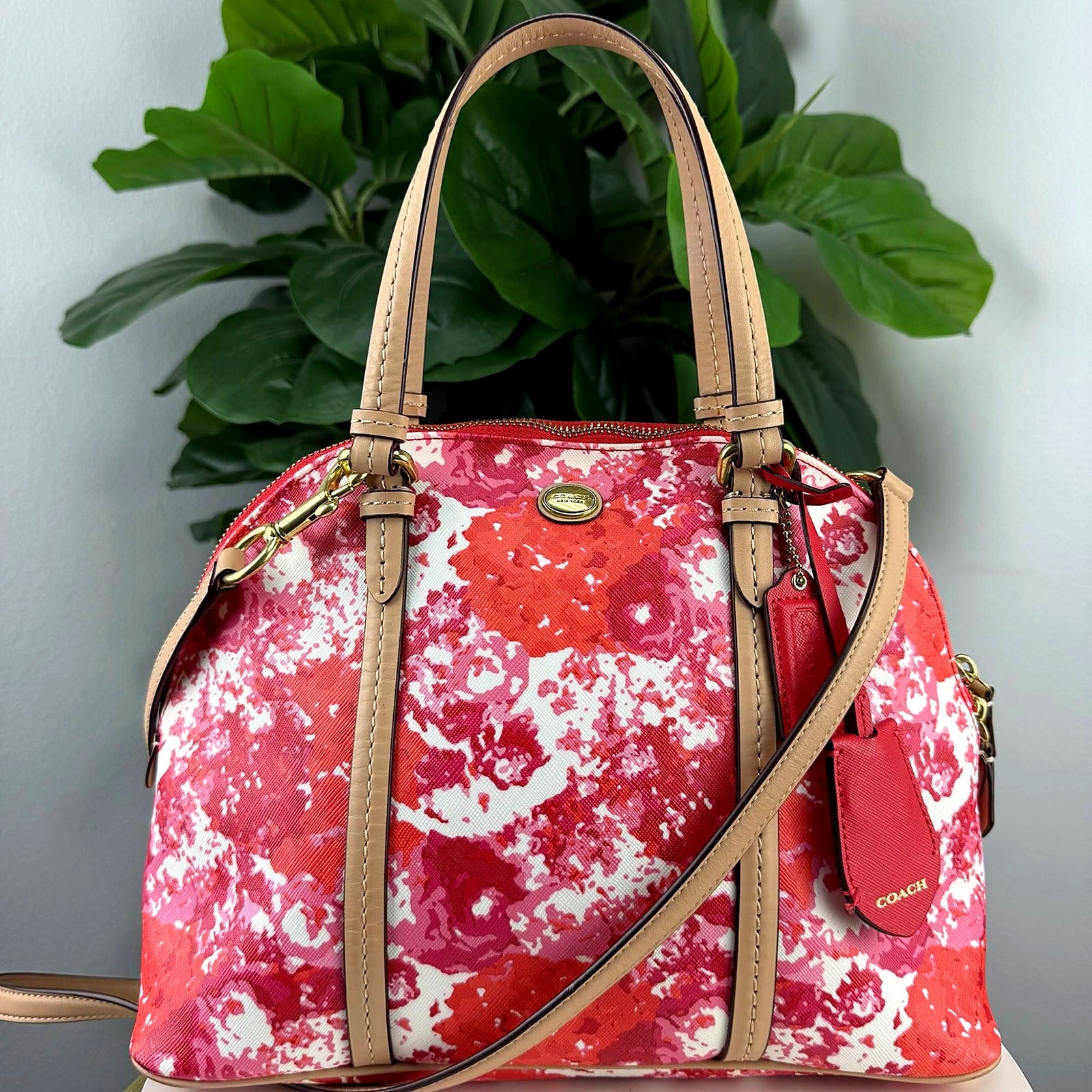 Authentic Coach red pink floral print coated canvas dome satchel - front