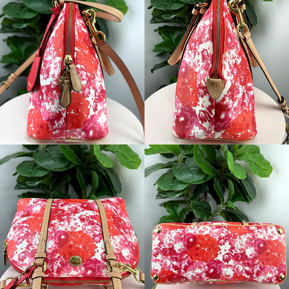 Coach dome satchel side, zip, hardware and bottom detail collage