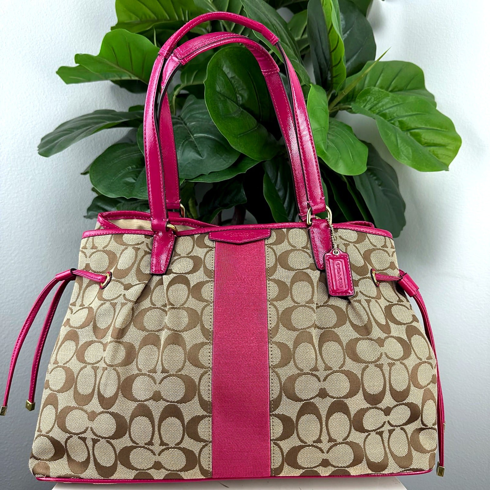 Authentic Coach Tan Signature Jacquard Canvas Tote Bag with Pink Patent Leather Trim - front