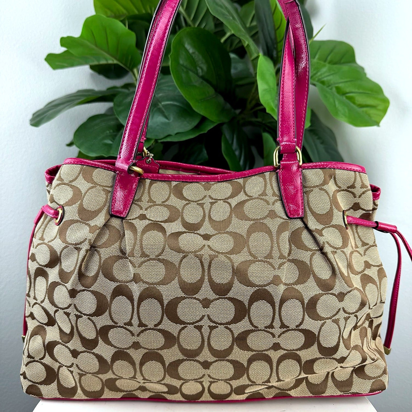 Authentic Coach Tan Signature Jacquard Canvas Tote Bag with Pink Patent Leather Trim - back