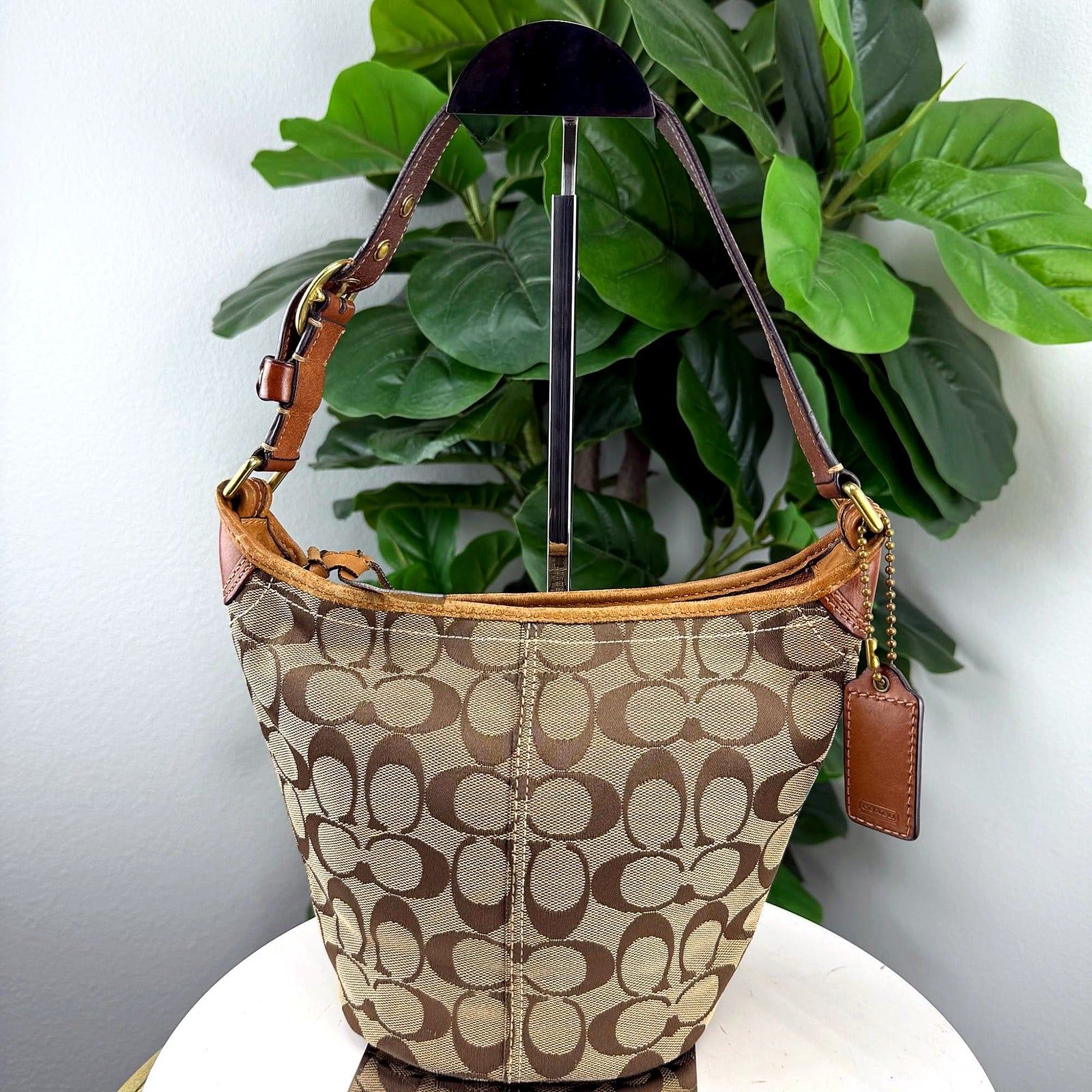 Authentic Vintage Coach Tan Signature Jacquard Canvas Bucket Bag with Cognac Leather Trim - front