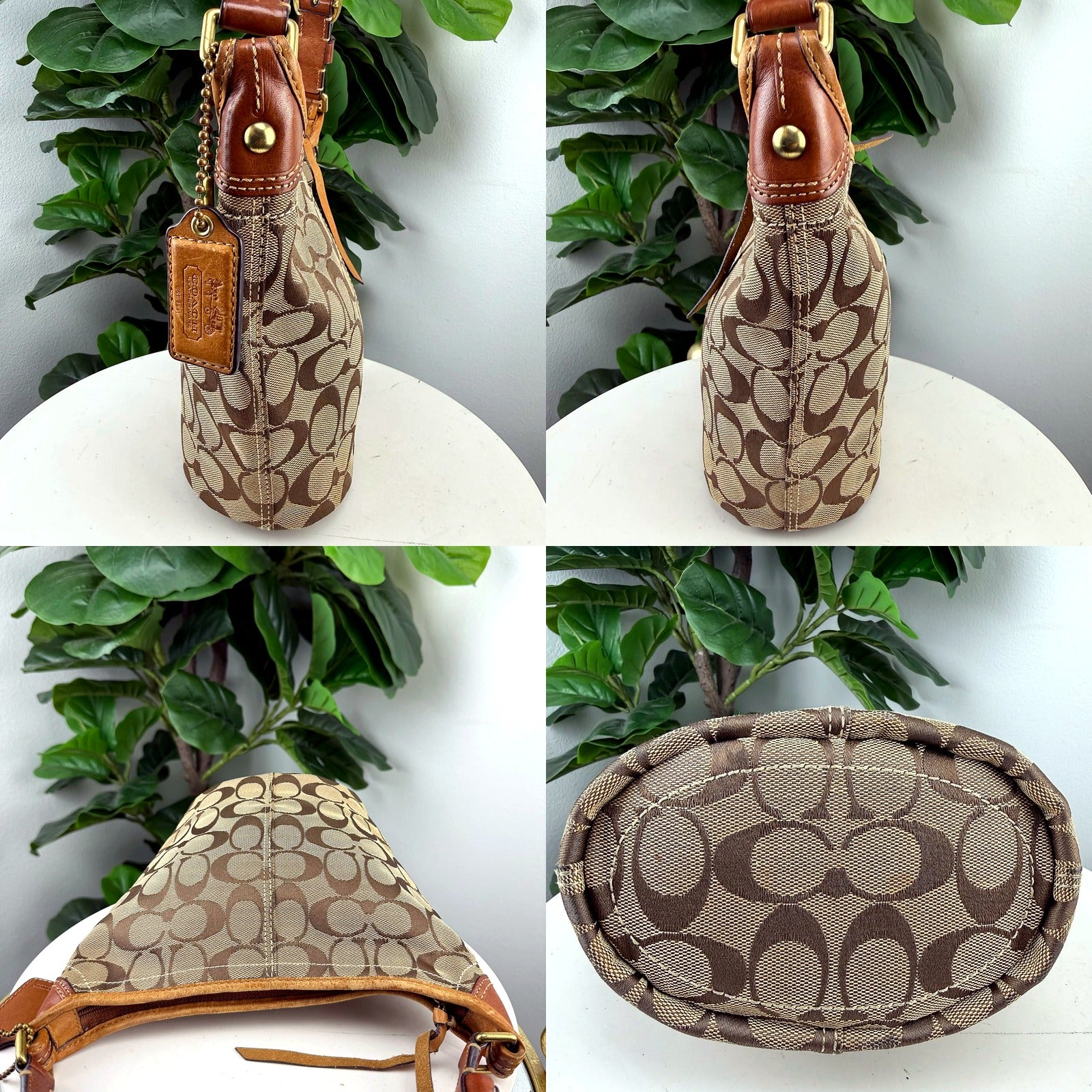 Authentic Vintage Coach Tan Signature Jacquard Canvas Bucket Bag with Cognac Leather Trim - details