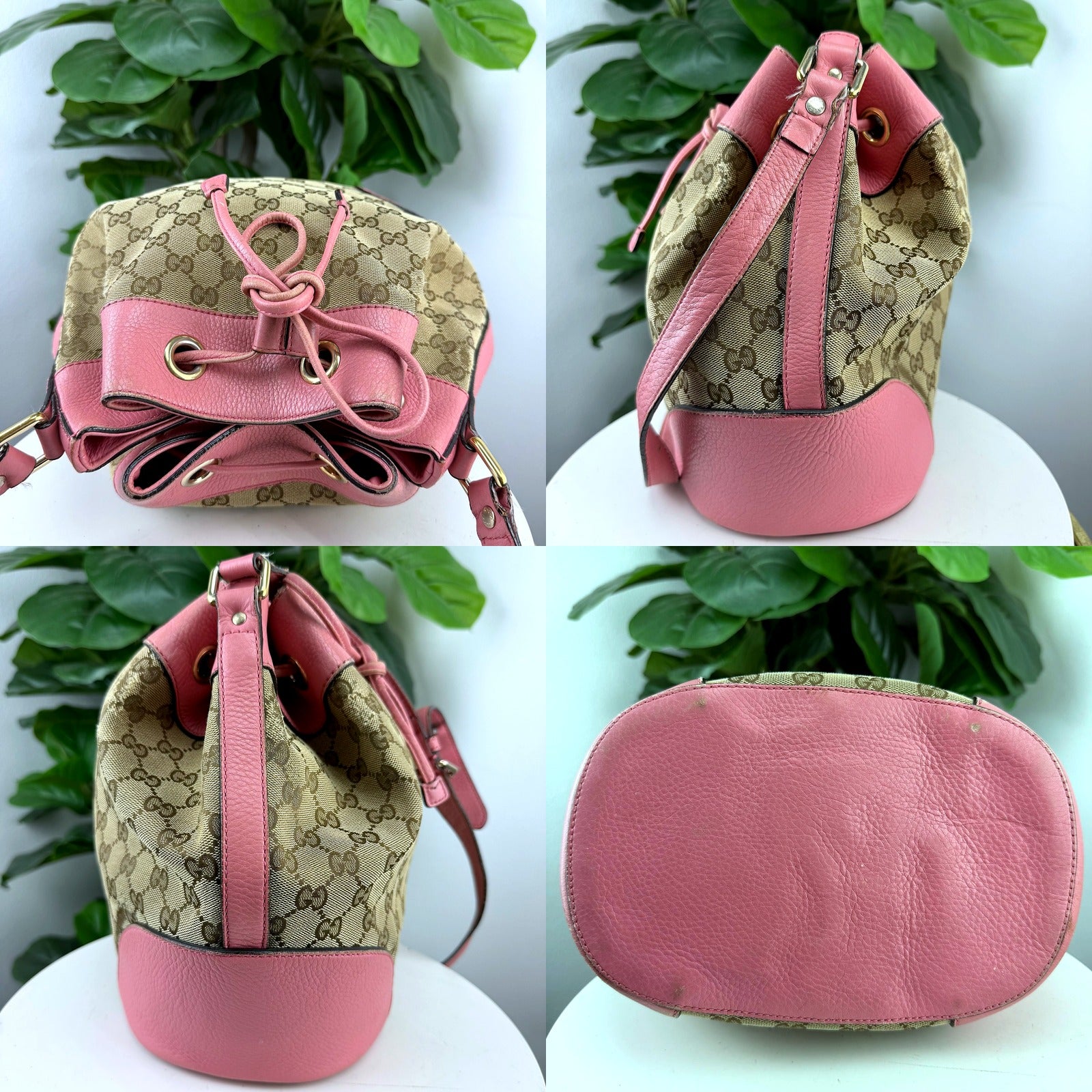 Detail collage: top opening, strap, and bottom of the Gucci GG canvas bucket bag