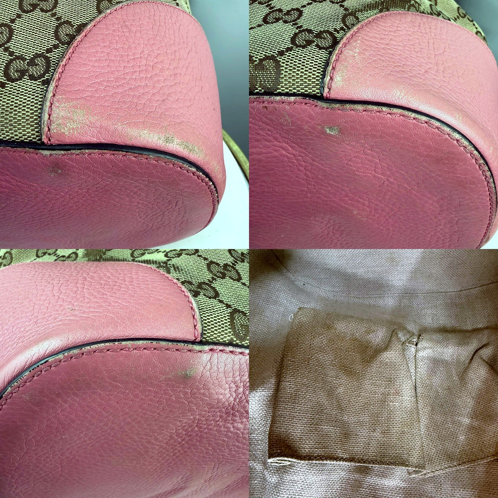 Condition detail collage: pink leather trim wear and fading, and interior lining tear