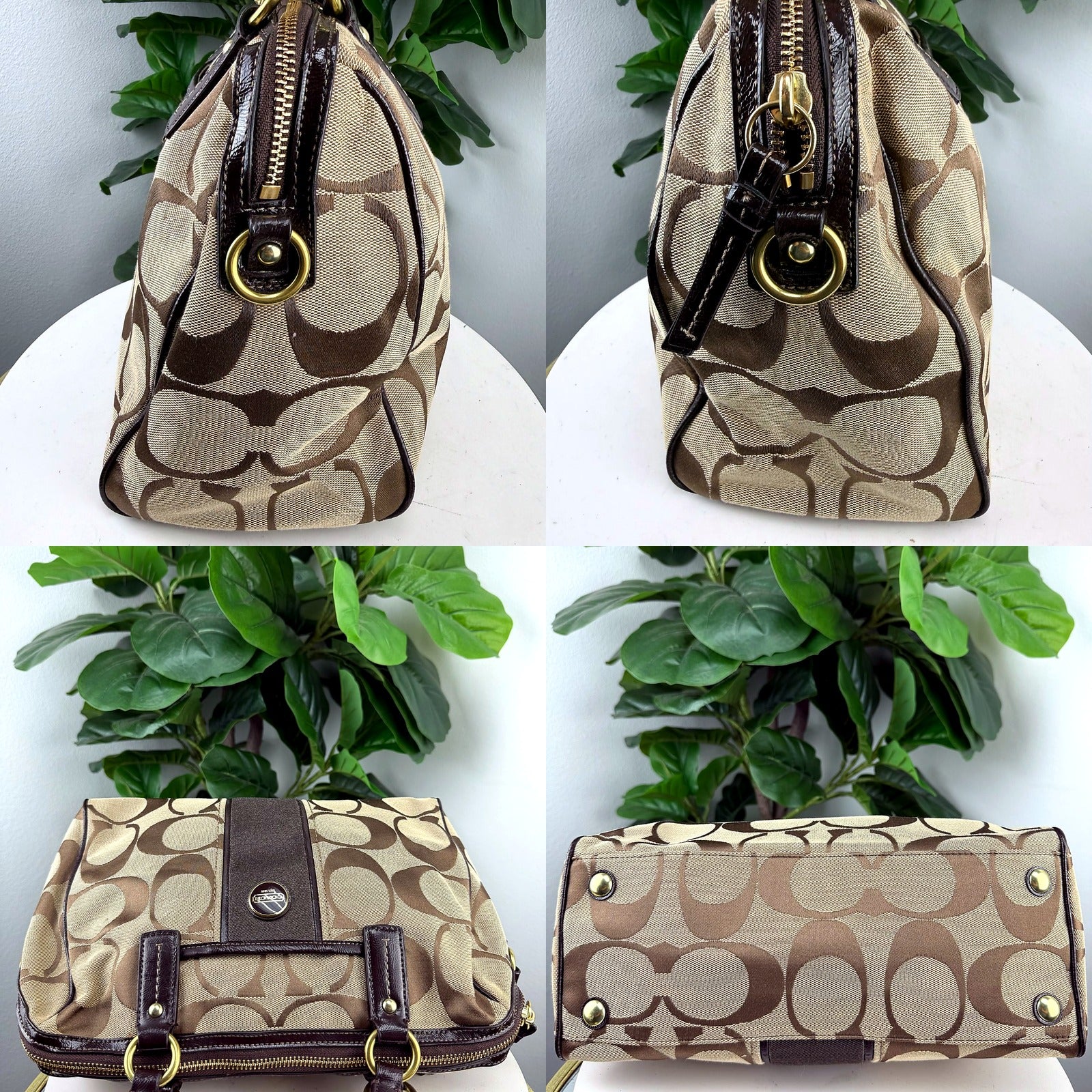 Hardware and detail collage: side grommet, zip pull, medallion, bottom feet