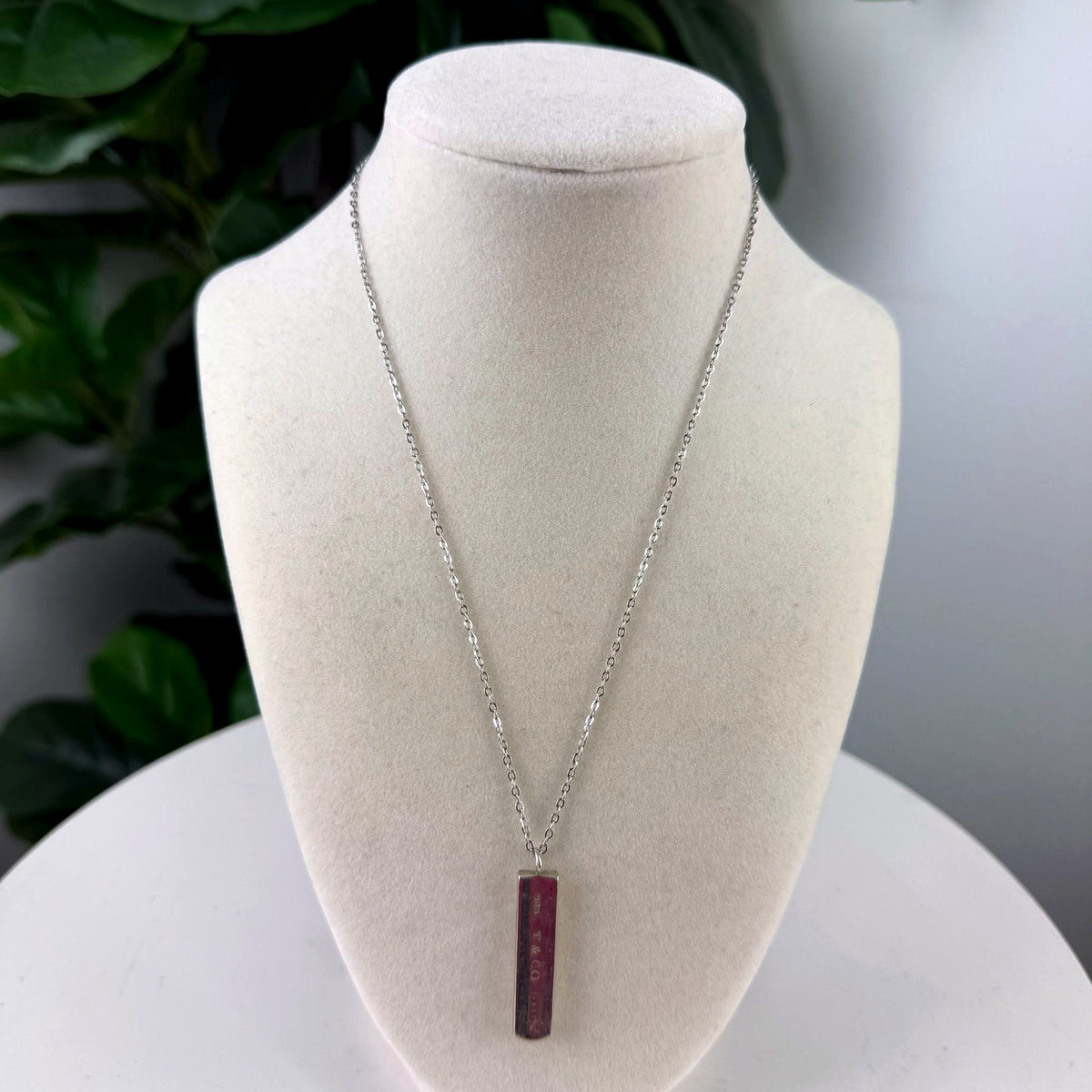 Authentic Tiffany & Co. Sterling Silver Engraved Bar Pendant Necklace - front