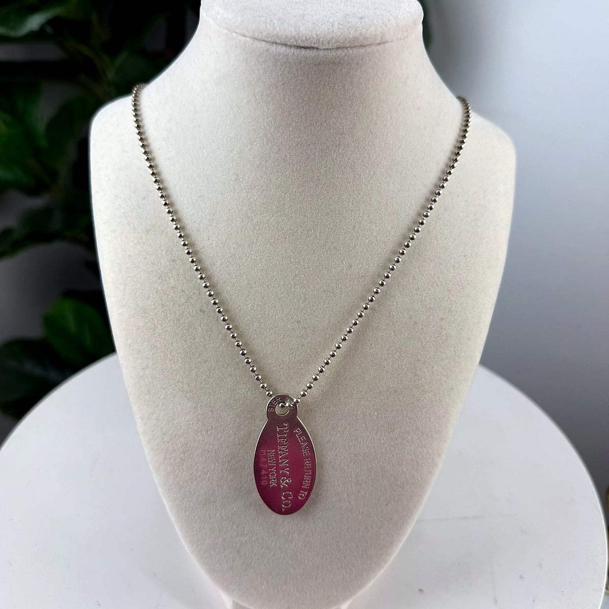 Authentic Tiffany & Co. Return to Tiffany sterling silver oval tag pendant necklace on ball chain, front view