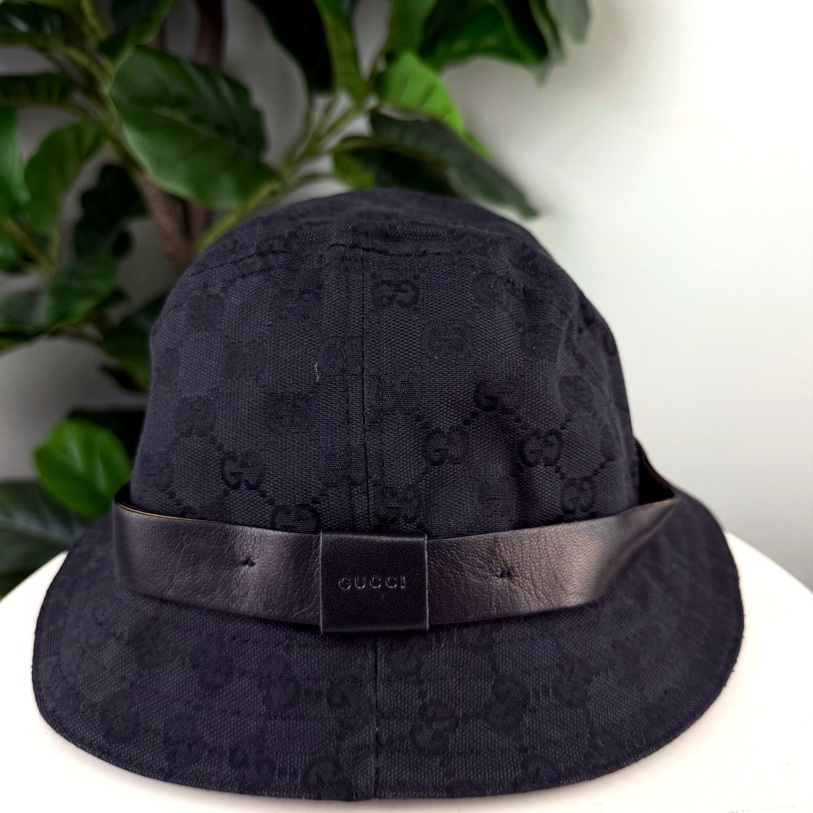 Authentic Gucci Black GG Monogram Canvas Bucket Hat - front view
