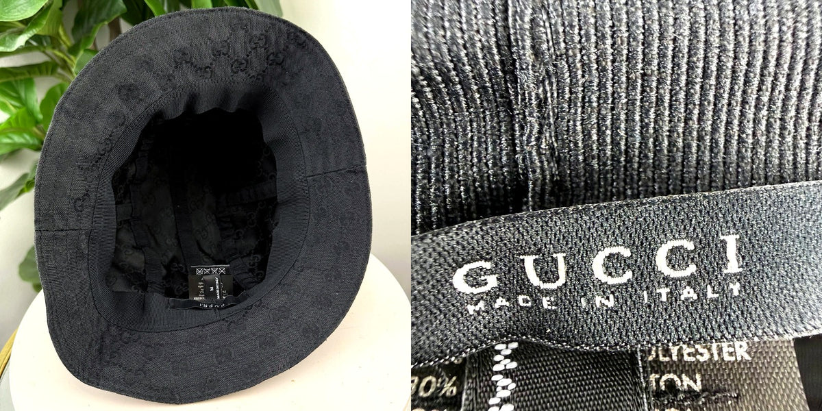 Authentic Gucci Black GG Monogram Canvas Bucket Hat - brand label and fiber content tag