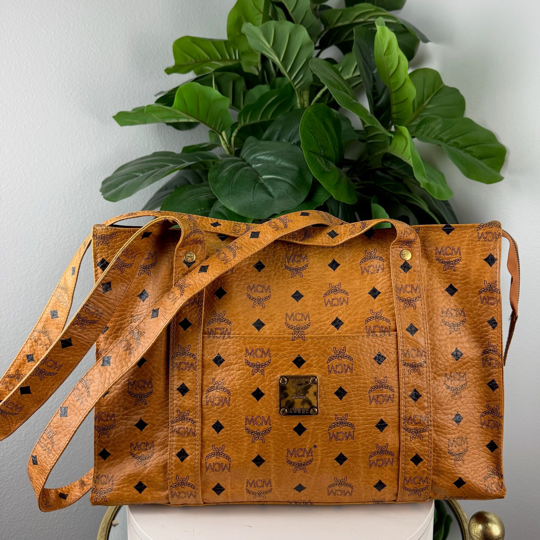 Authentic MCM Cognac Visetos Coated Canvas Large Shoulder Tote Bag