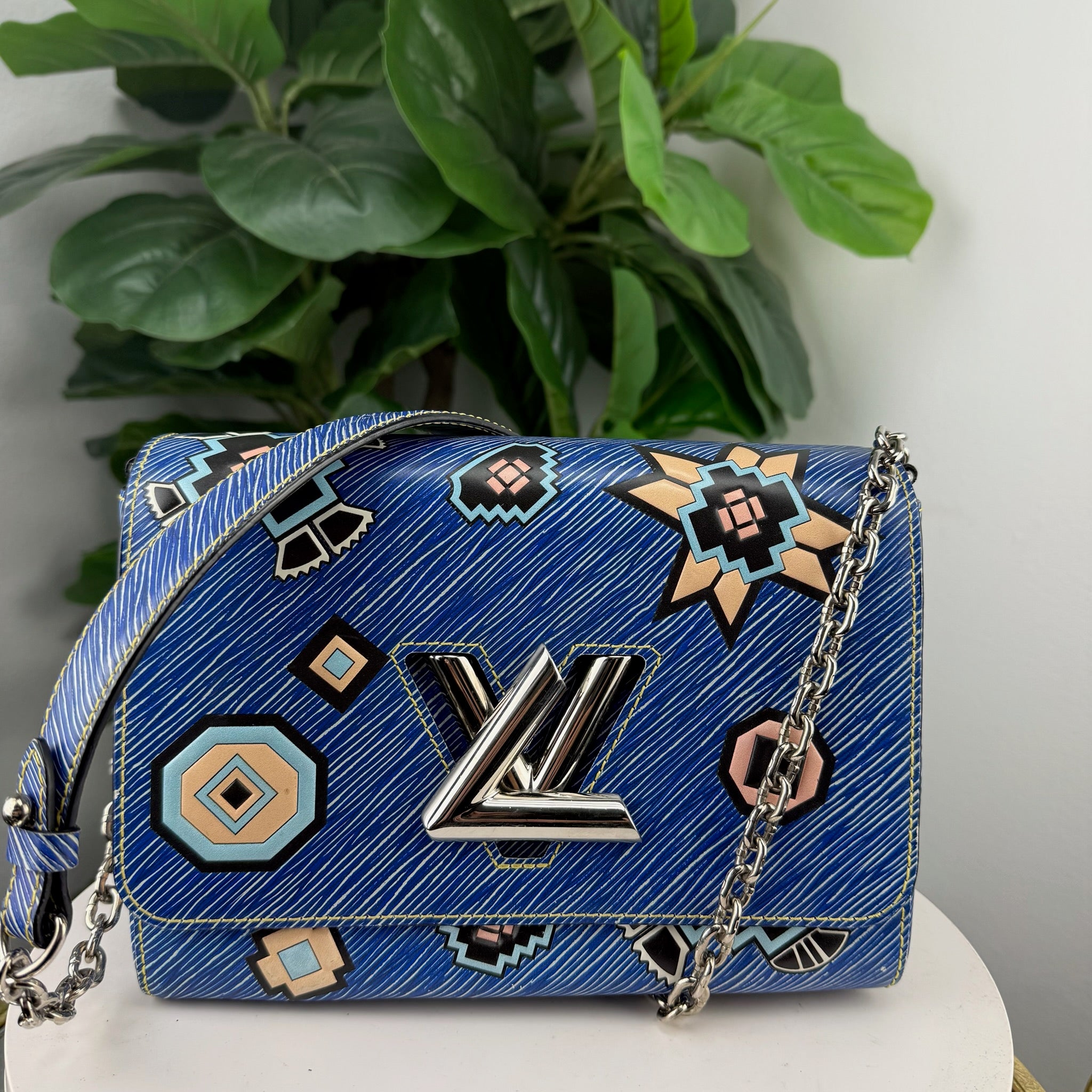 Authentic Louis Vuitton Blue Denim Aztec Epi Leather Twist Bag - front