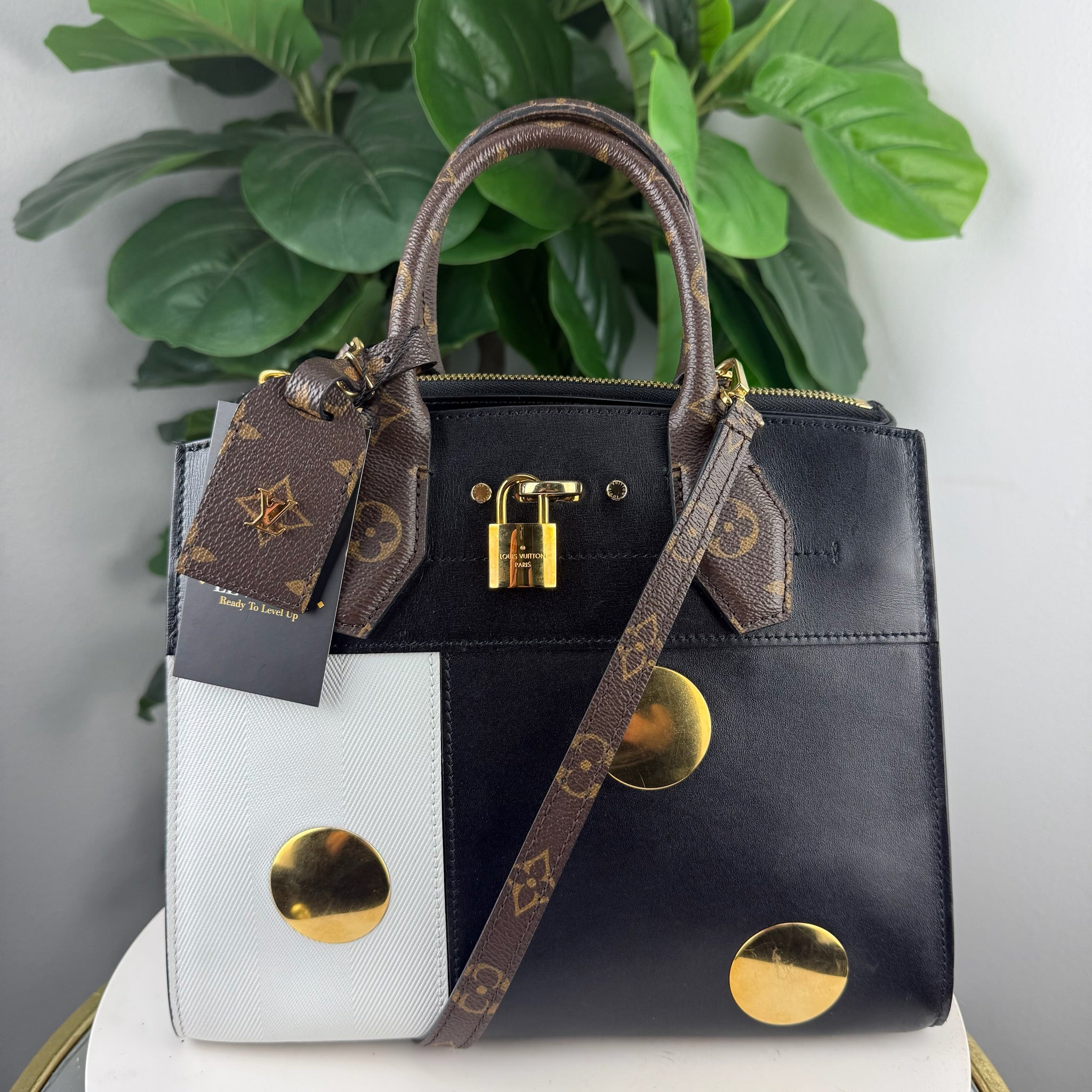 Louis Vuitton x NIGO LV² Black and White Leather Tote with Gold Medallions - front