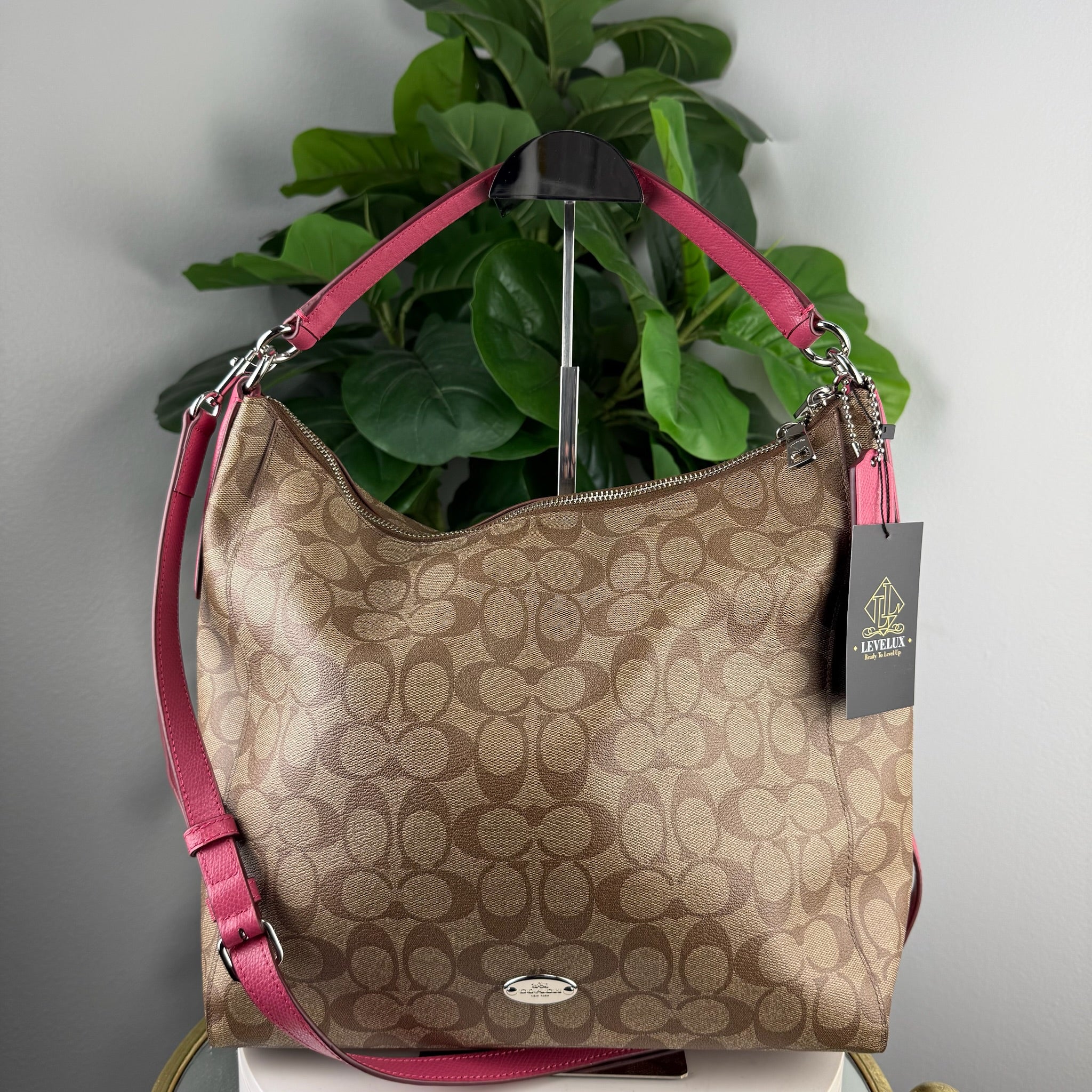 Authentic Coach Signature Canvas Hobo Bag - Khaki/Pink - front