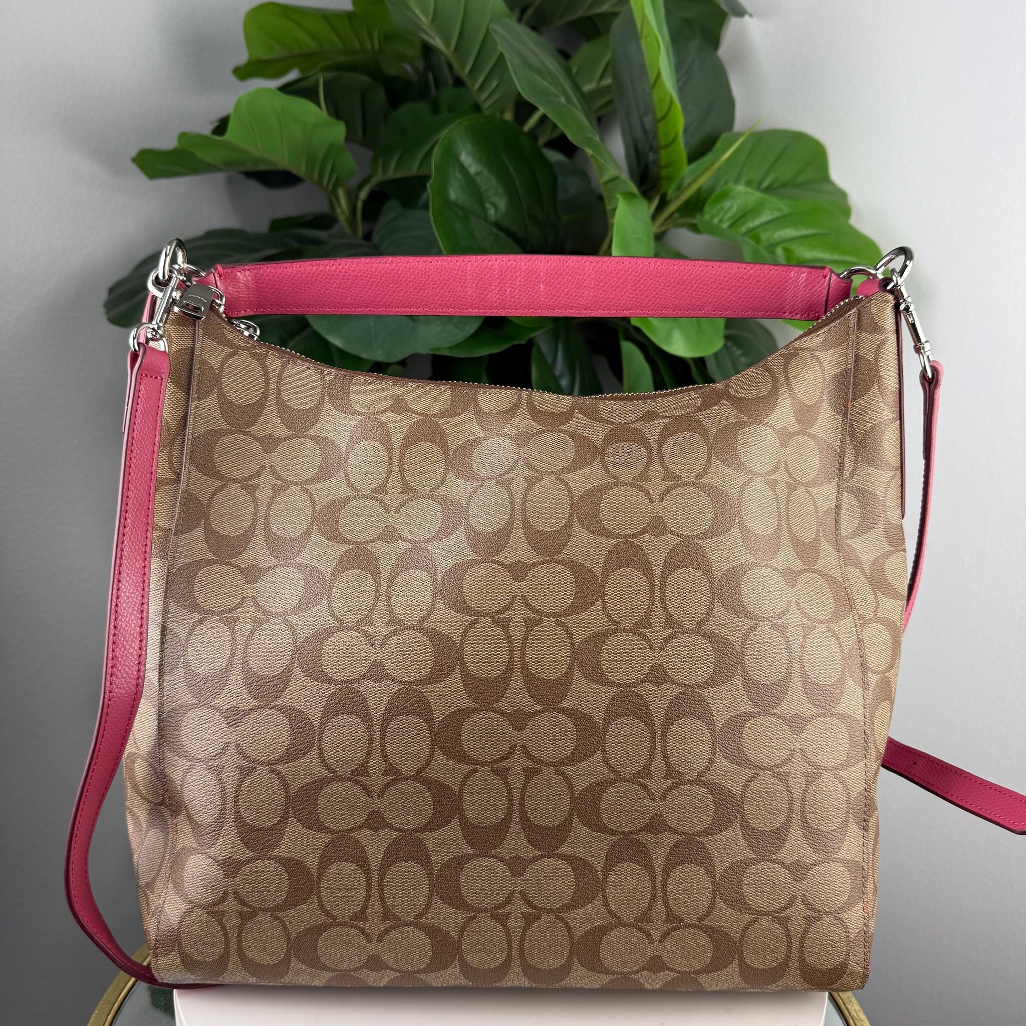Authentic Coach Signature Canvas Hobo Bag - Khaki/Pink