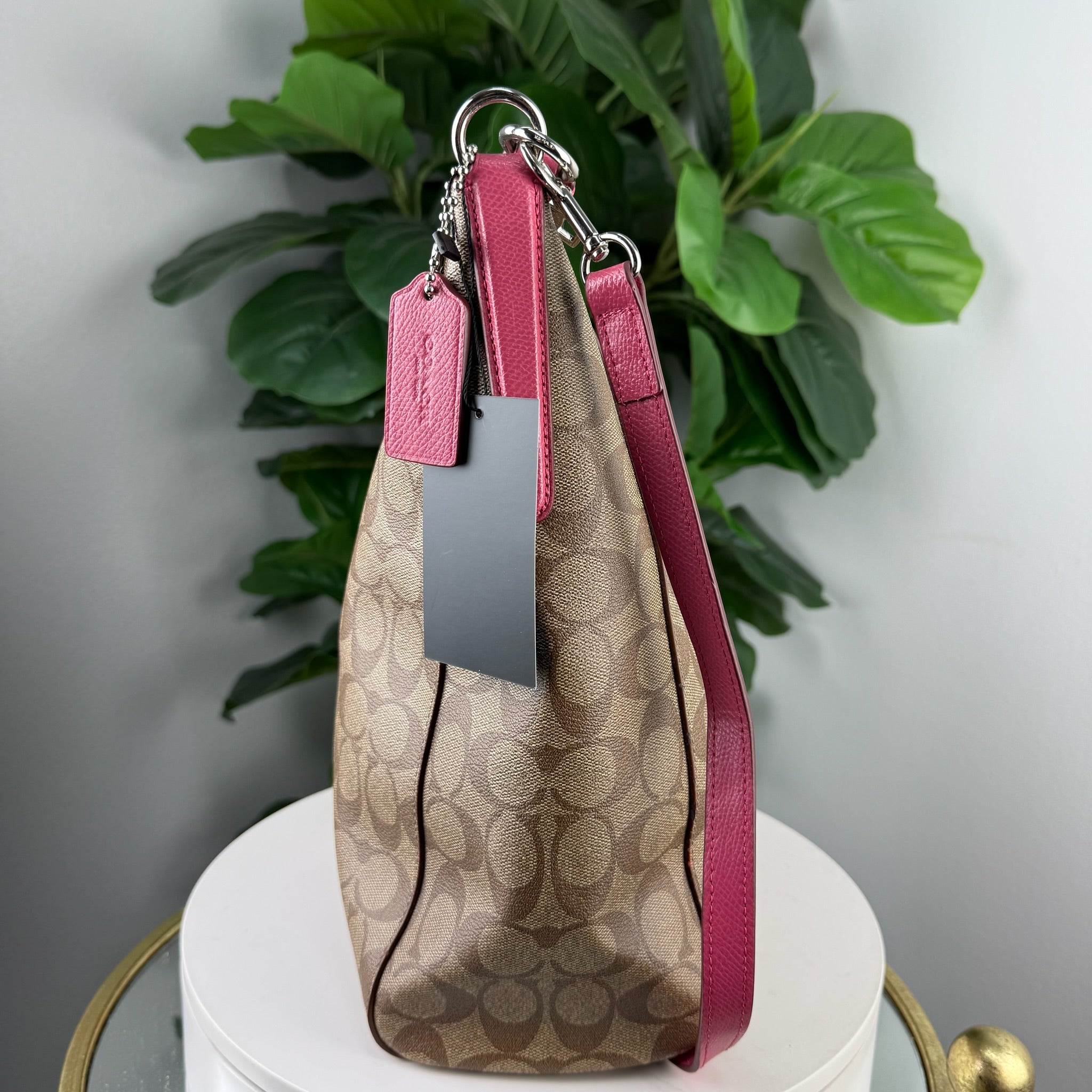 Authentic Coach Signature Canvas Hobo Bag - Khaki/Pink
