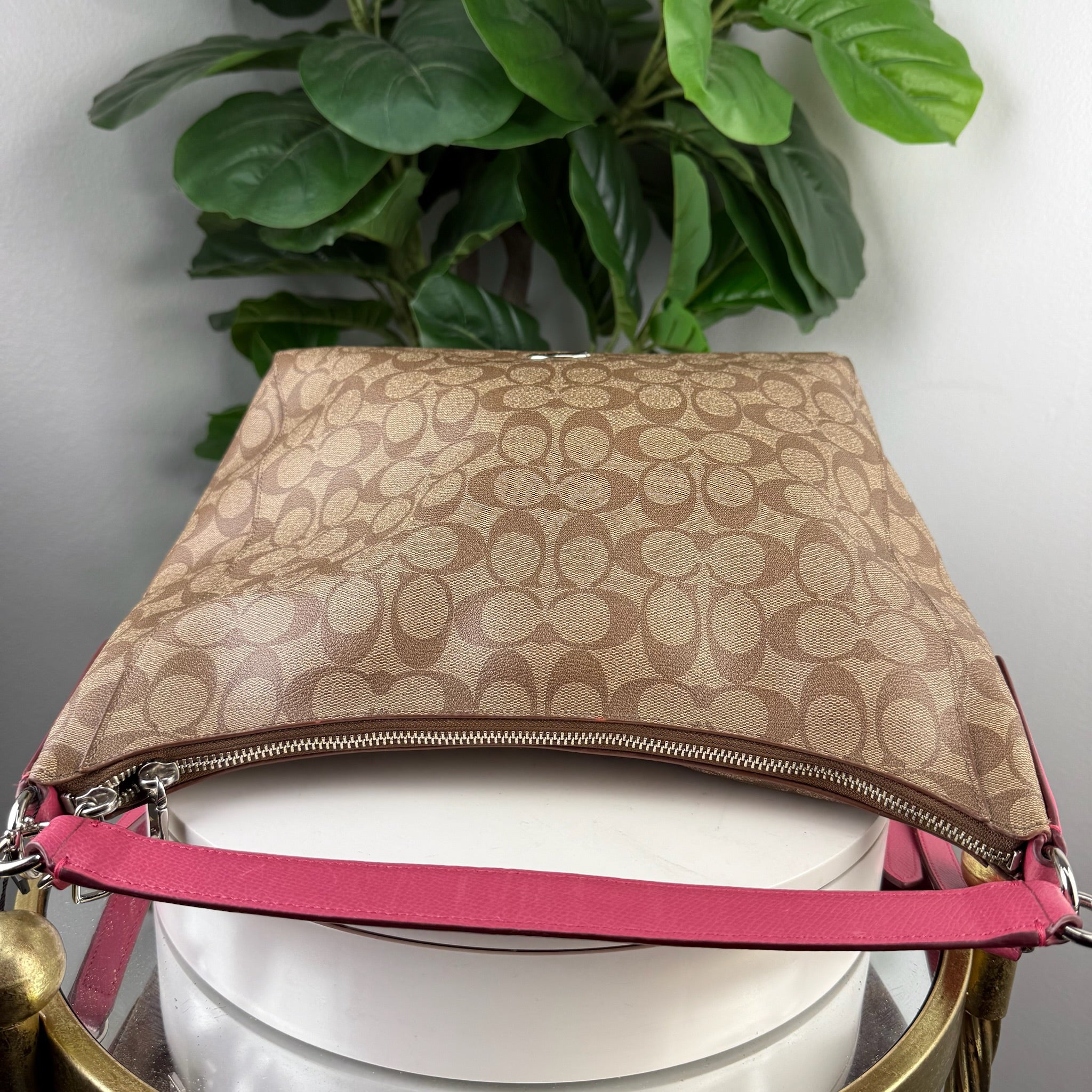 Authentic Coach Signature Canvas Hobo Bag - Khaki/Pink