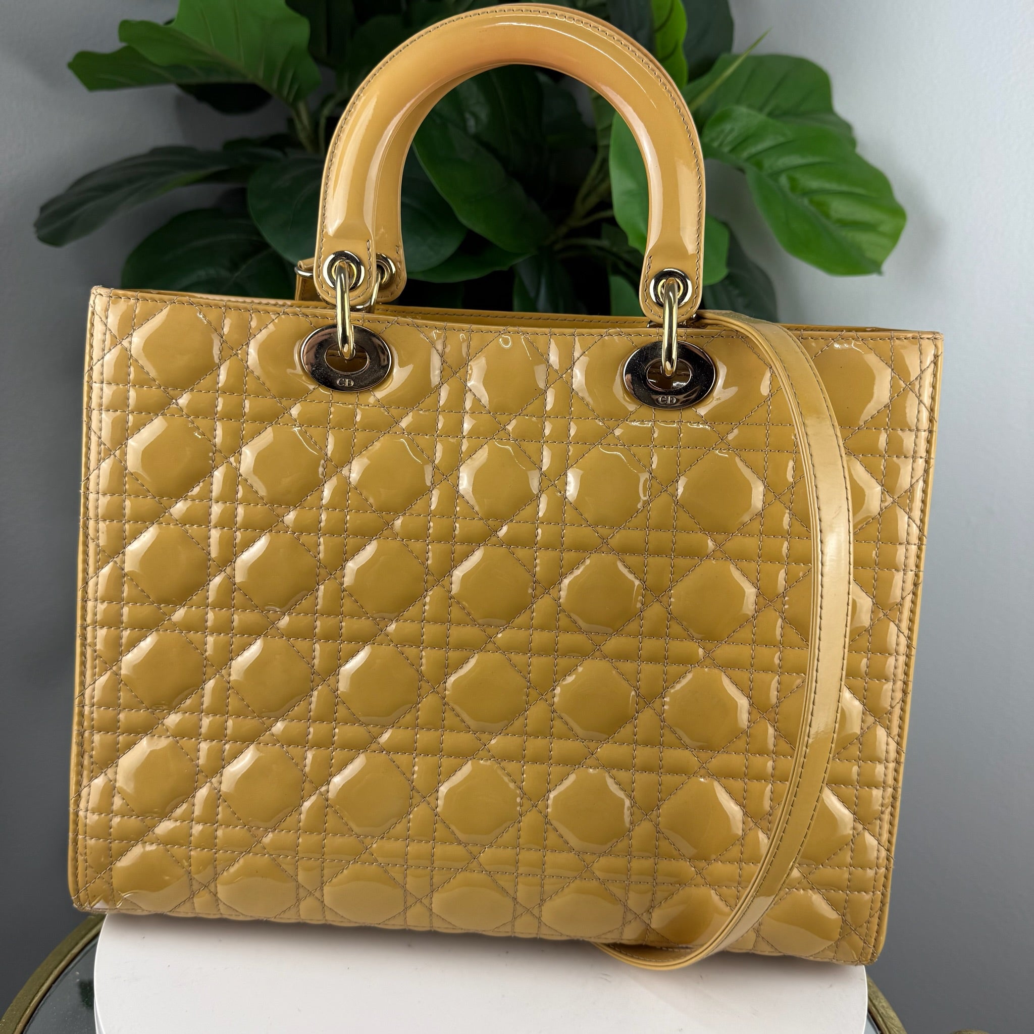 Authentic Christian Dior Lady Dior Patent Cannage Tote - Mustard