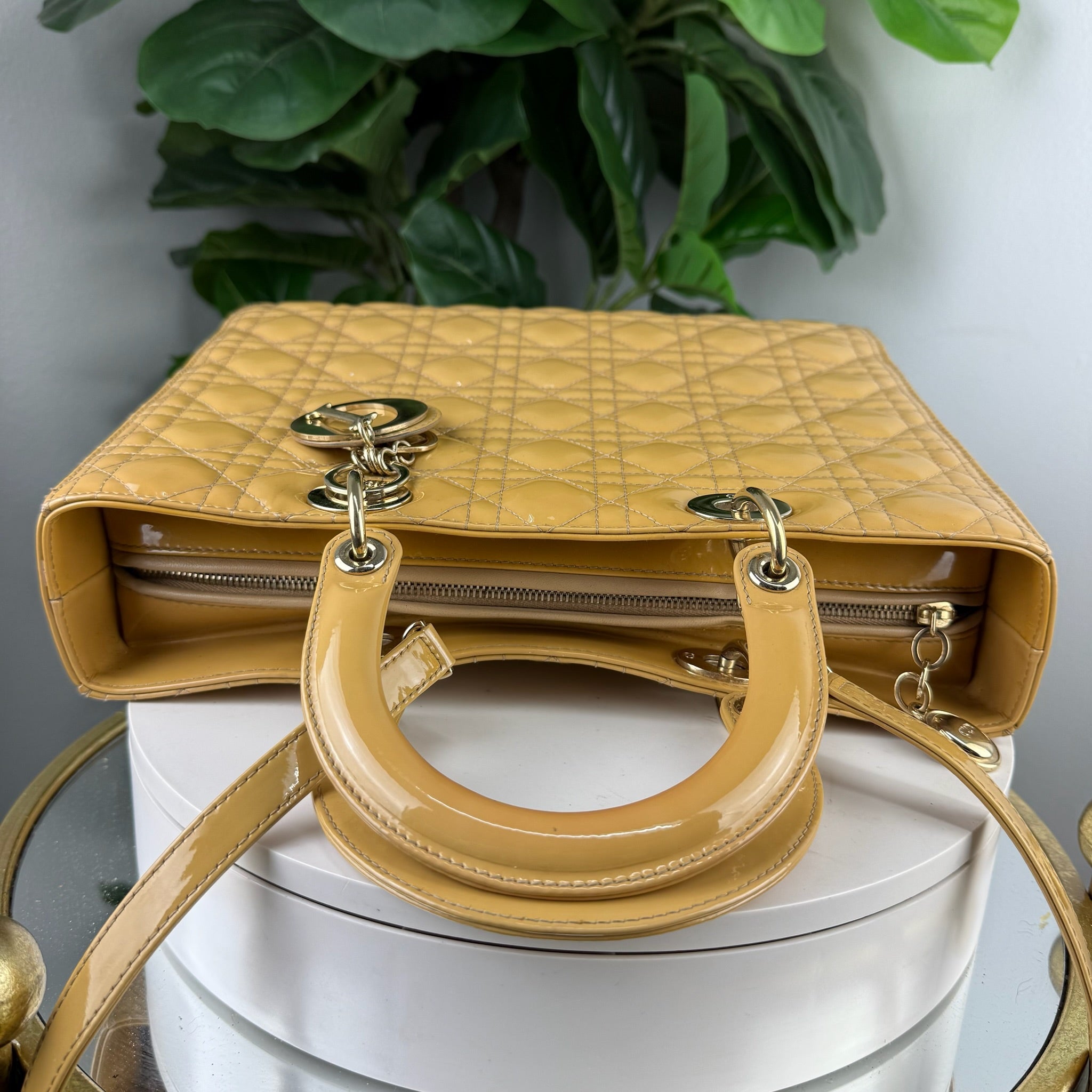 Authentic Christian Dior Lady Dior Patent Cannage Tote - Mustard