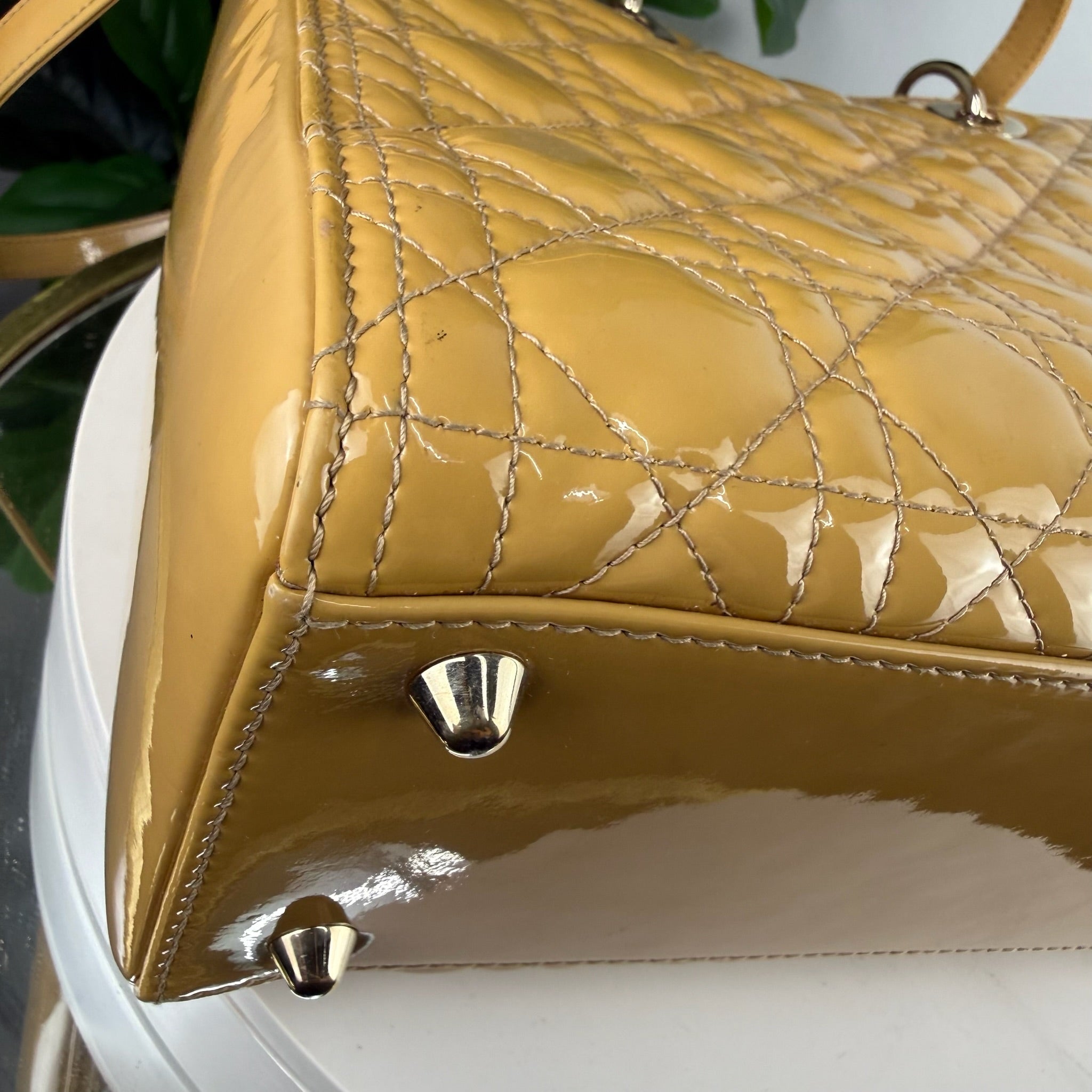 Authentic Christian Dior Lady Dior Patent Cannage Tote - Mustard