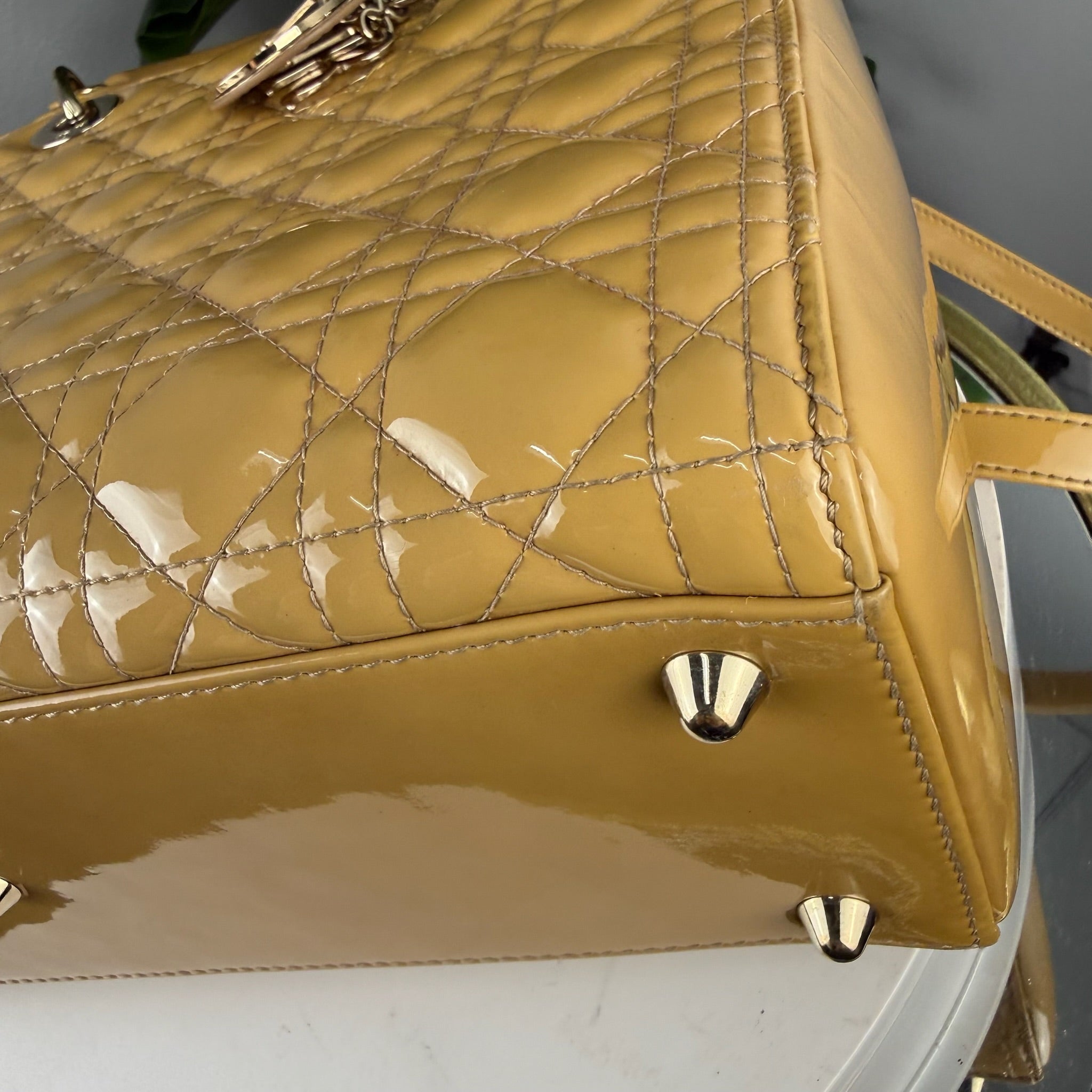 Authentic Christian Dior Lady Dior Patent Cannage Tote - Mustard