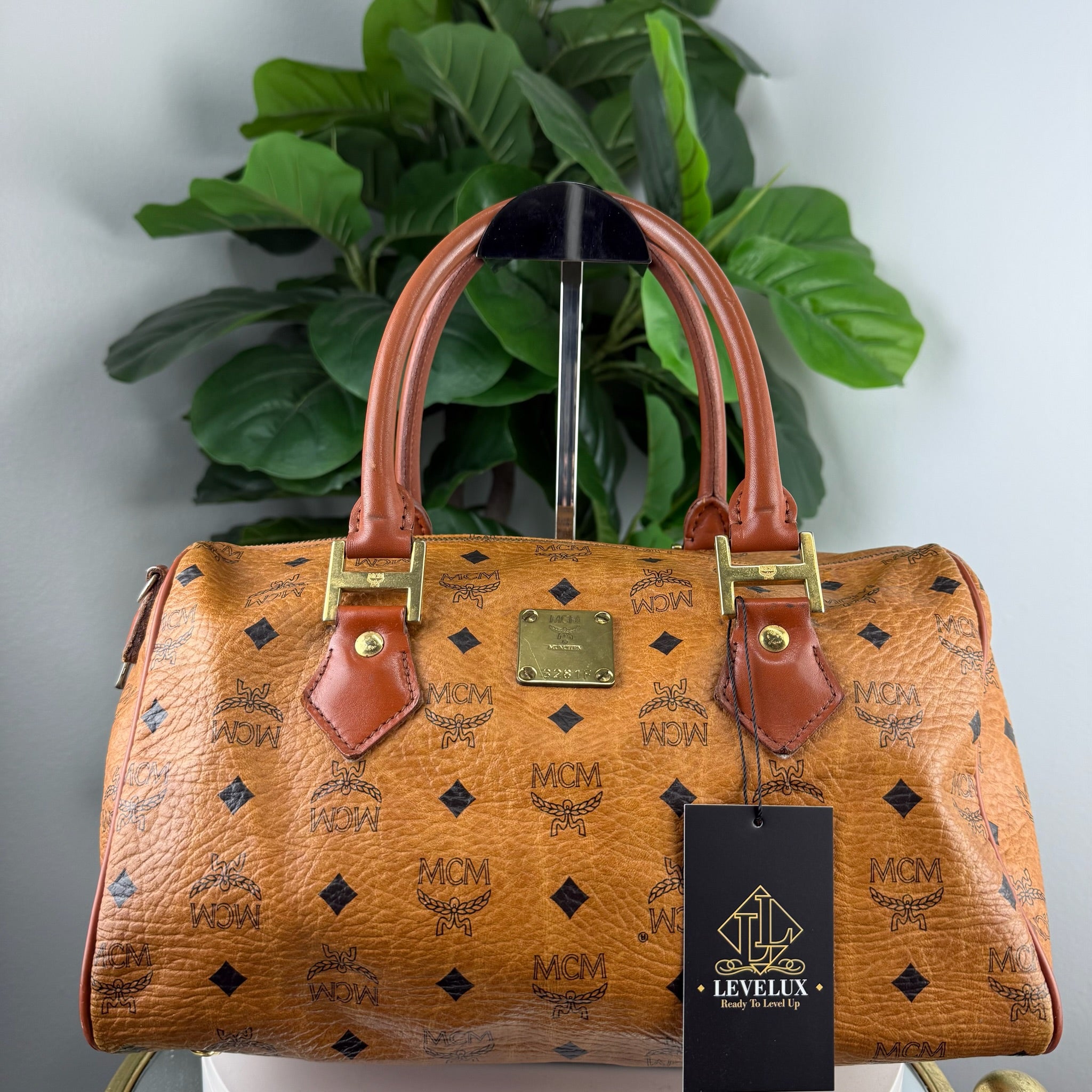 MCM Visetos Cognac Boston Bag - front