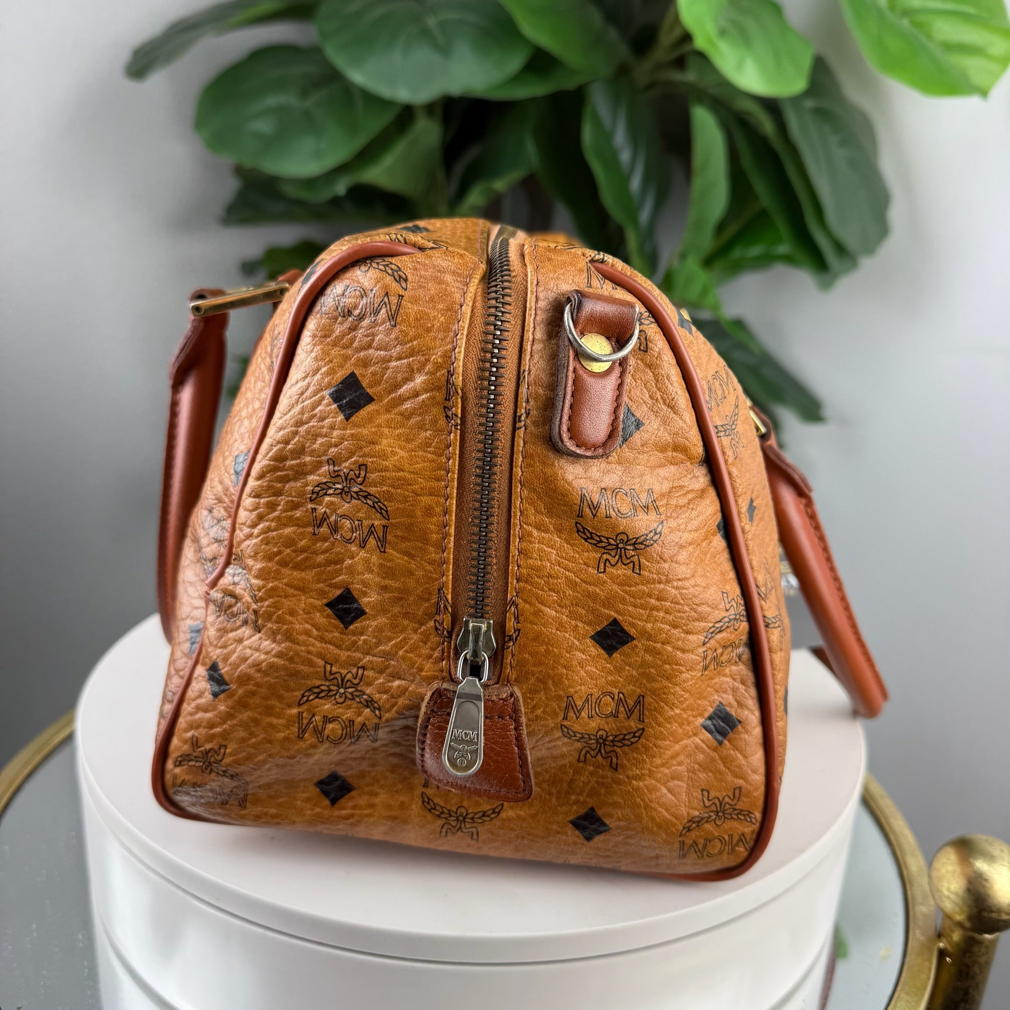 MCM Visetos Cognac Boston Bag
