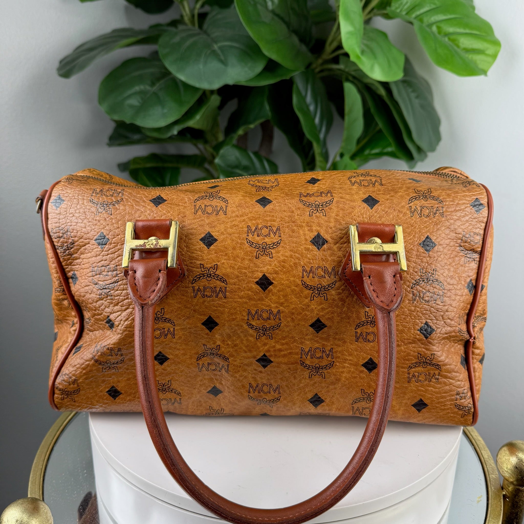 MCM Visetos Cognac Boston Bag