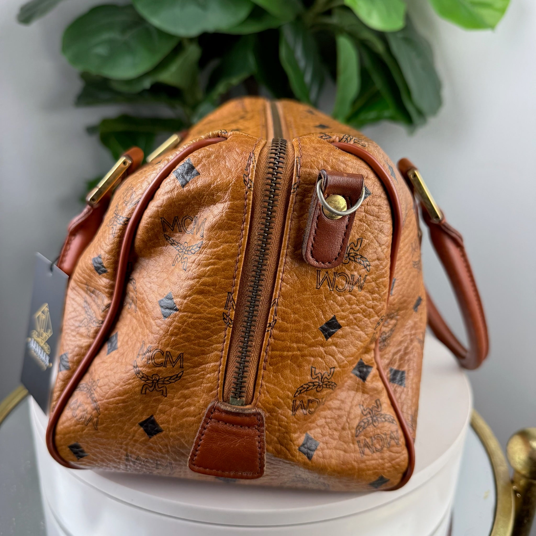 MCM Visetos Cognac Boston Bag