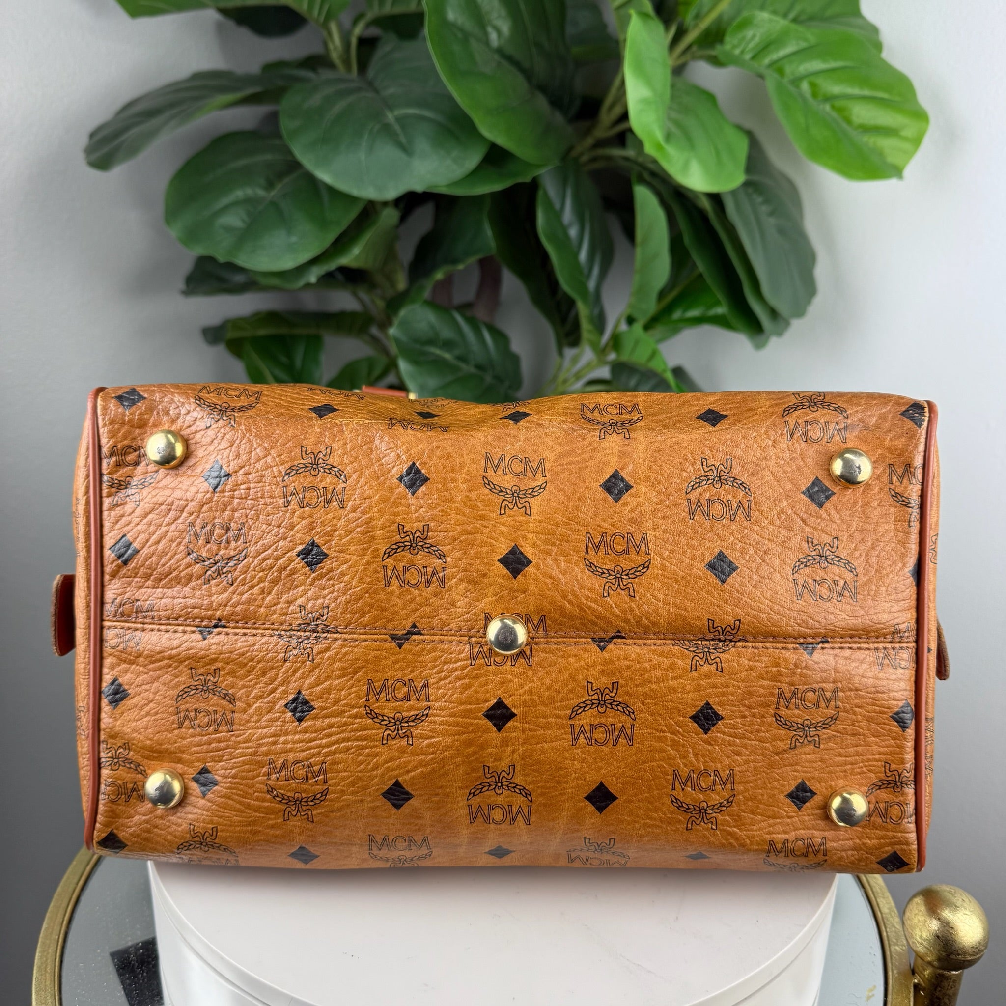 MCM Visetos Cognac Boston Bag