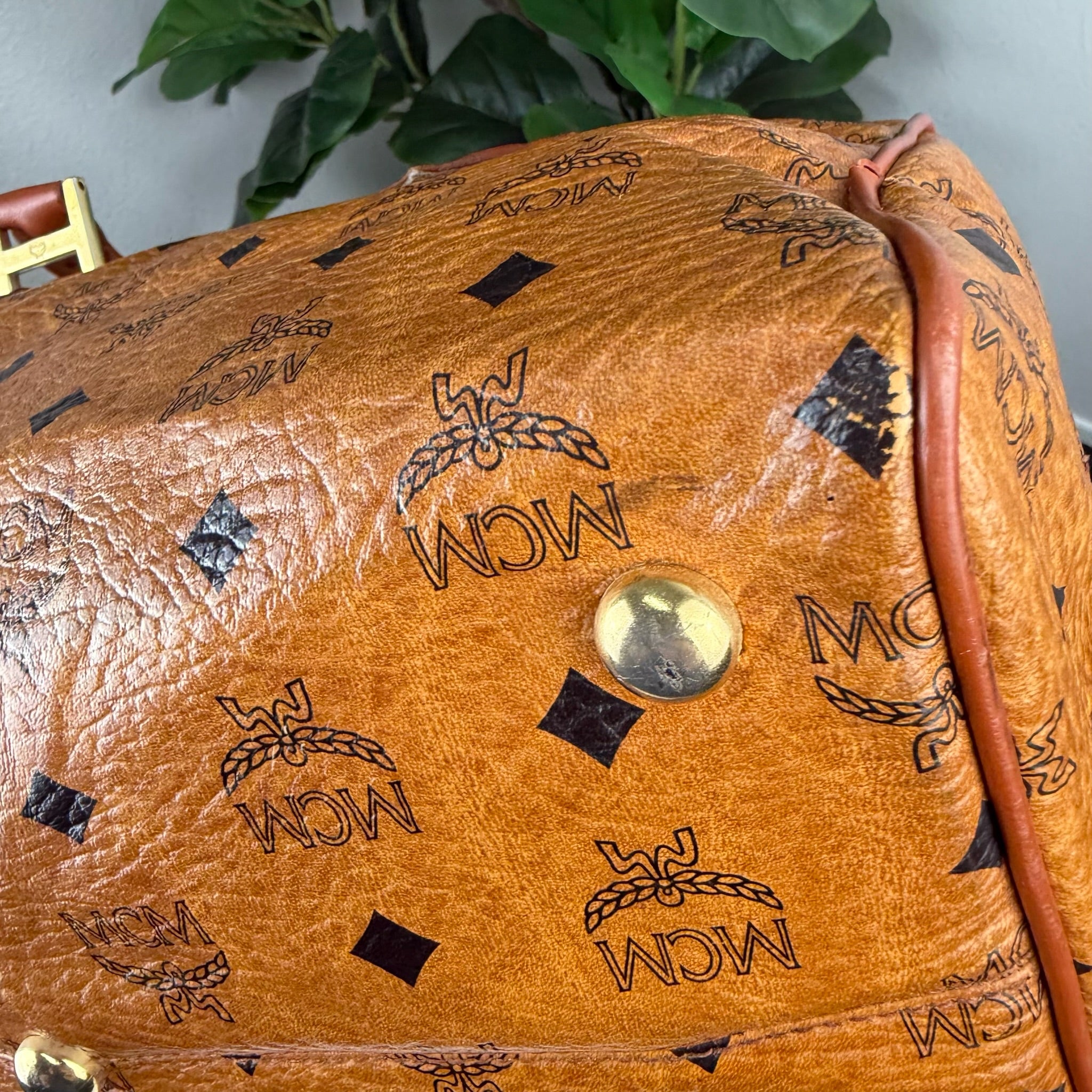 MCM Visetos Cognac Boston Bag