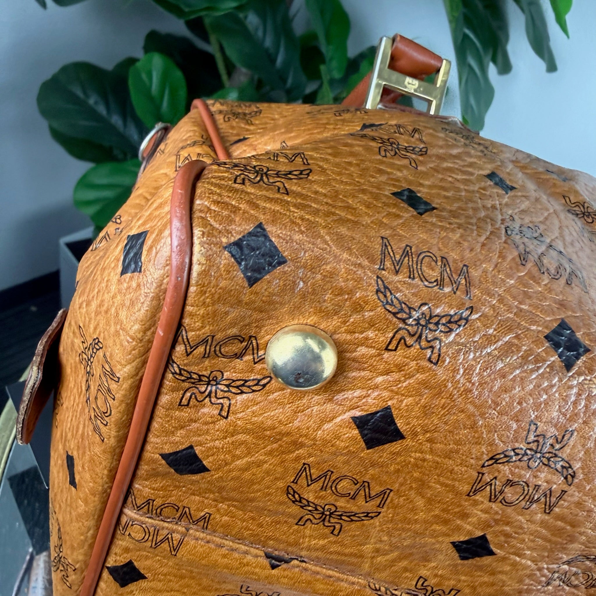 MCM Visetos Cognac Boston Bag